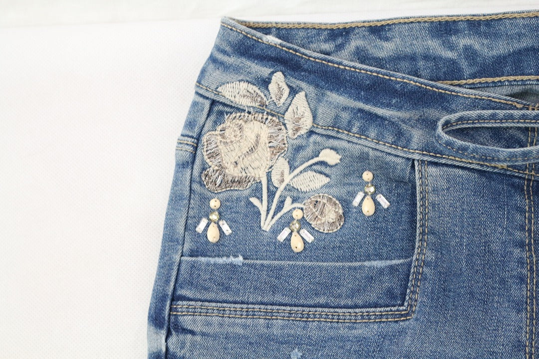 Jean flare femme bleu brodé perles lacet taille 38 archive fashion 5