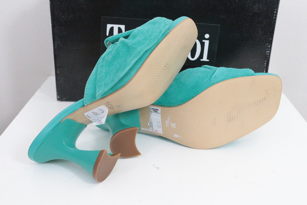Mules à talon Toi & moi en cuir daim turquoise taille 36 8