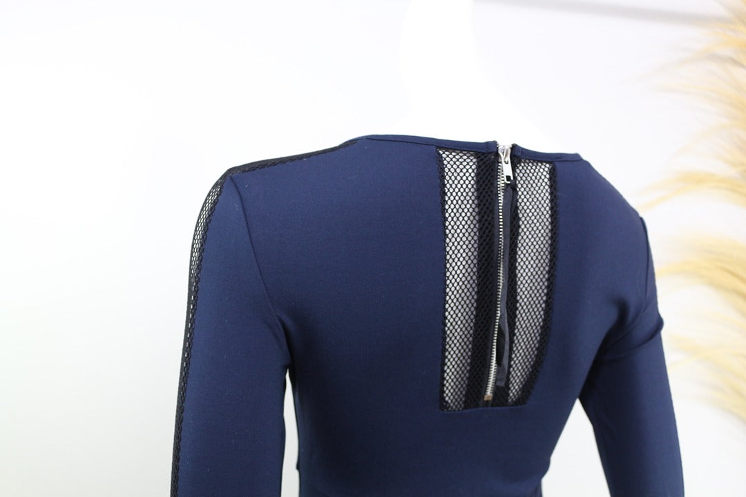 Robe droite Kookaï bleu marine manches ajourées mesh 34 5