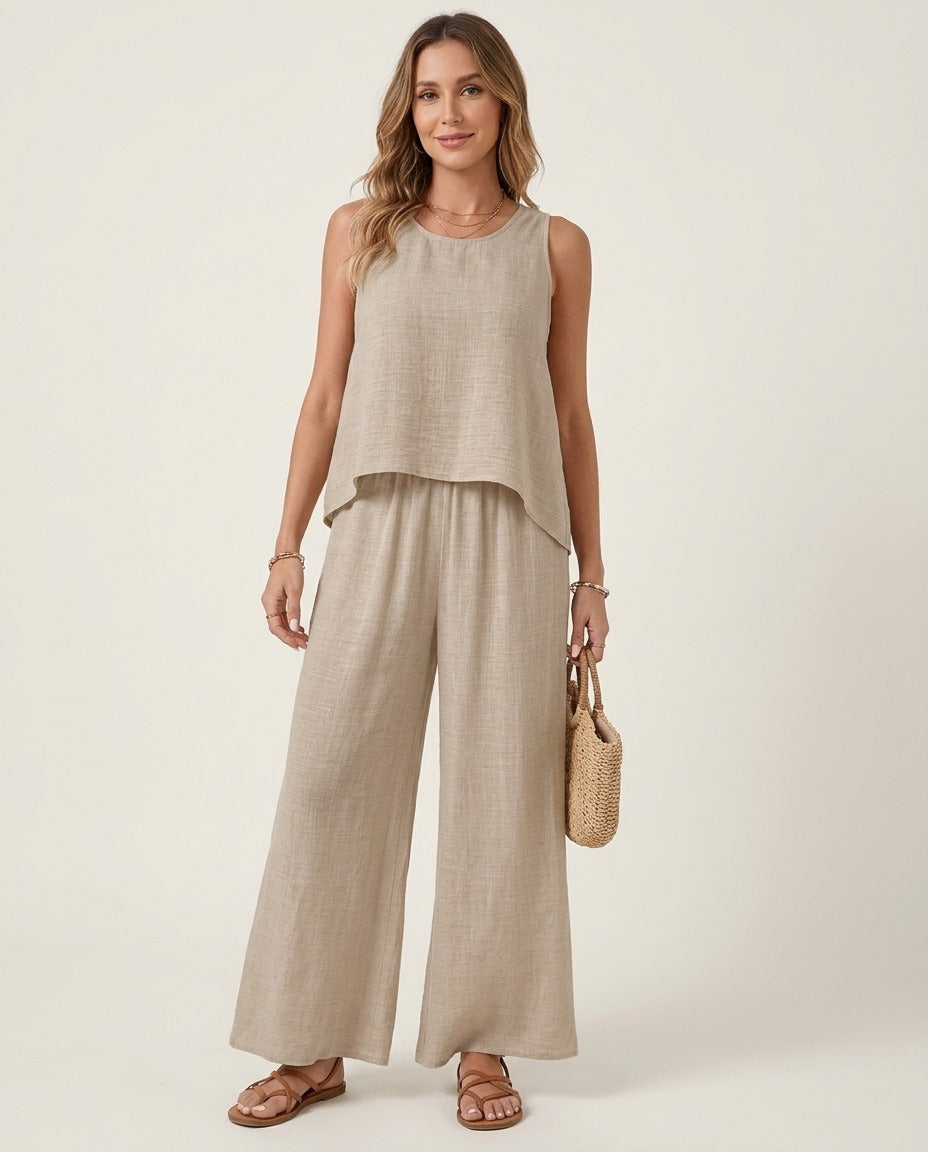 Ensemble débardeur et pantalon large fluide uni 6 couleurs porté – photo générée par IA