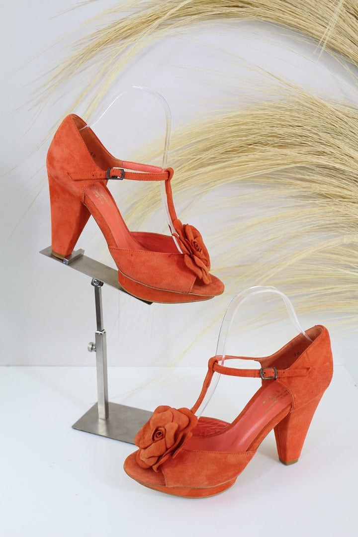 Sandales talons André orange fleur 38 vintage chic