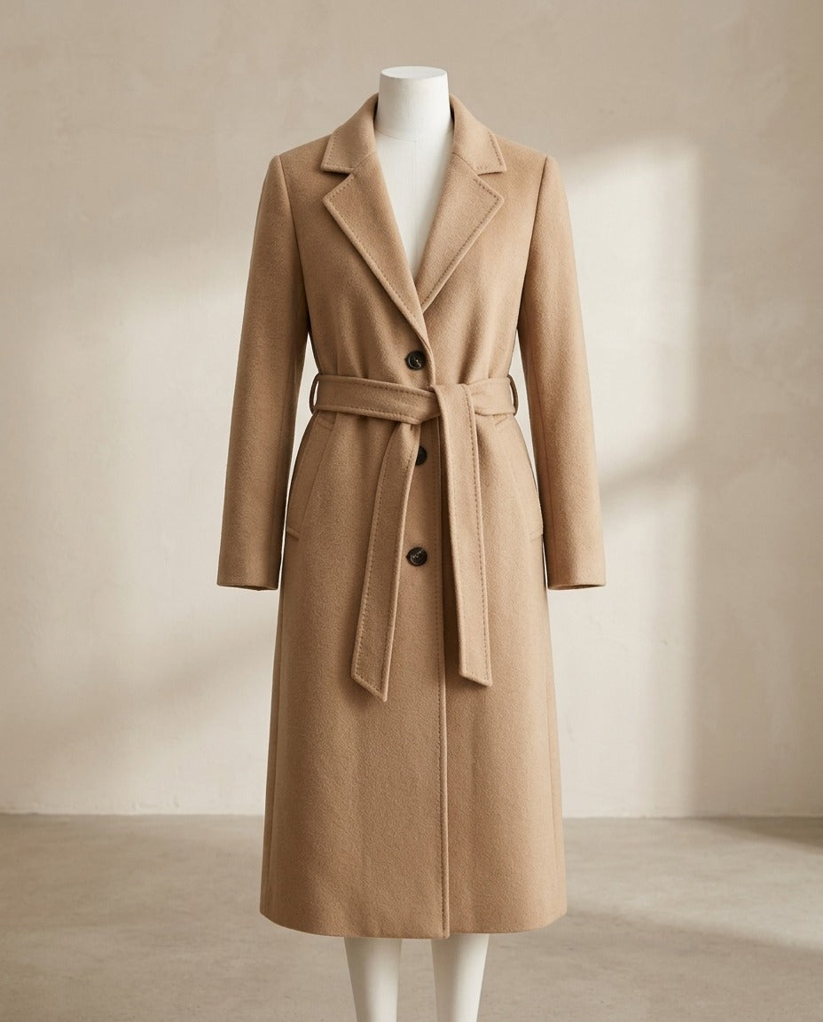 Manteau long laine col écharpe double boutonnage femme – photo 1 – Frippin'Dealz – photo retouchée par IA