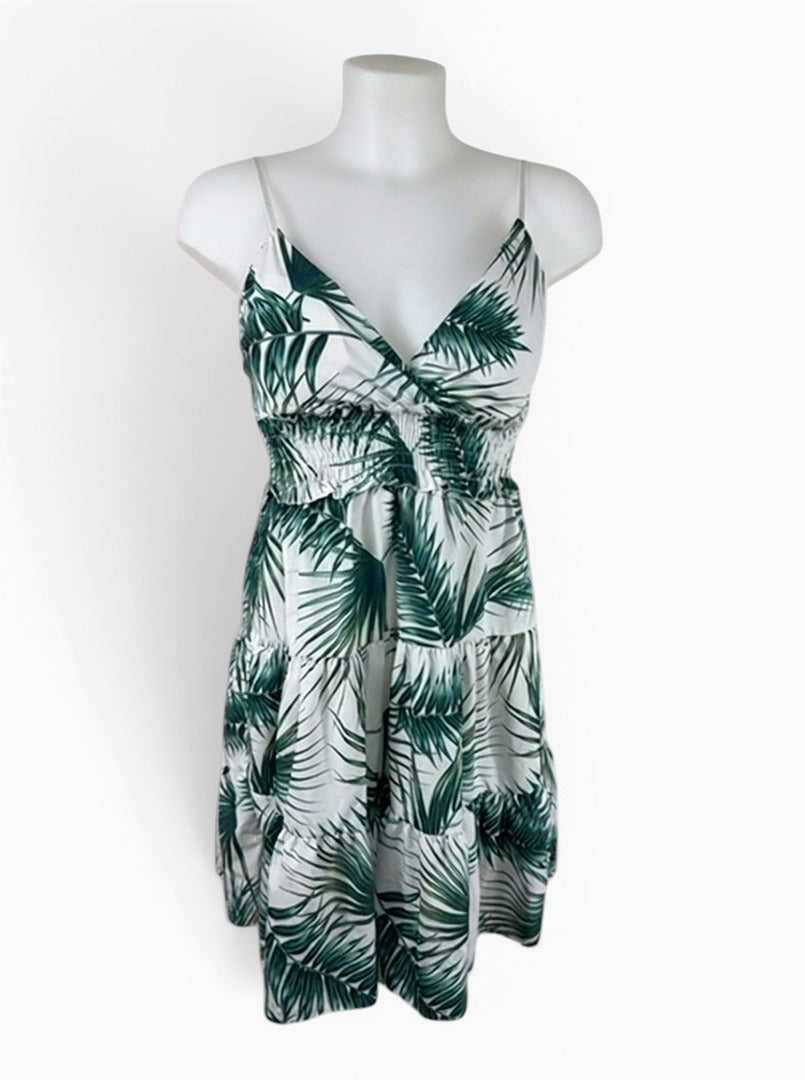 Robe D'ete New Collection Blanc Motif Tropical L