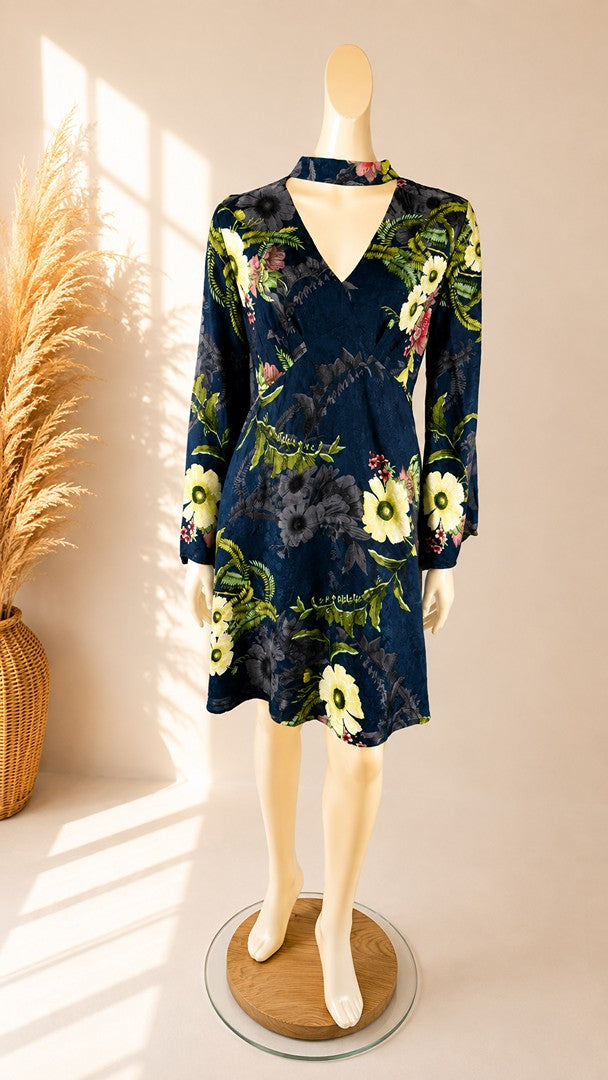Robe courte Next bleu marine imprimé floral col ras du cou 42