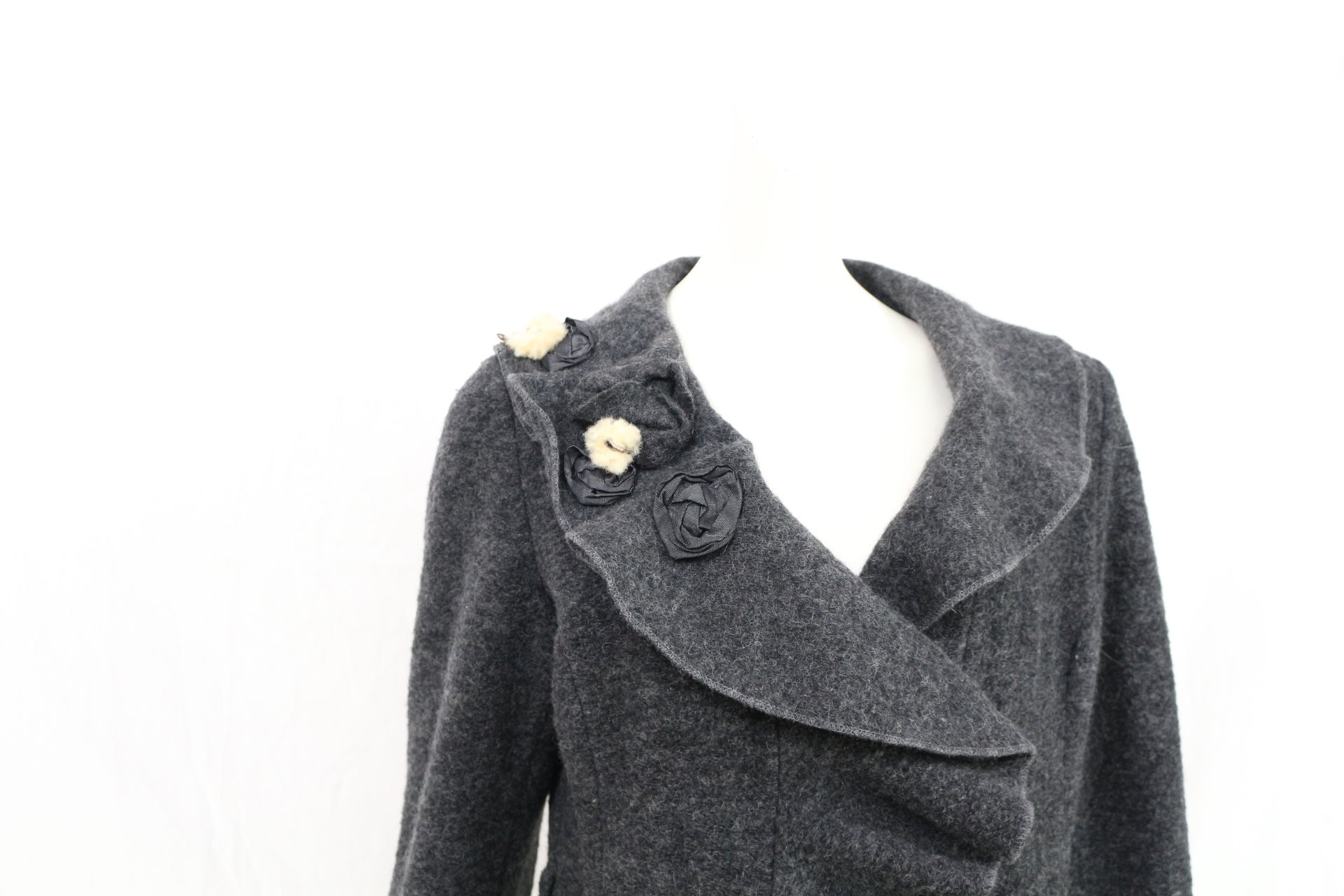 La Fée Maraboutée Manteau Laine Gris Anthracite Volants Fleur Made In Italy T42