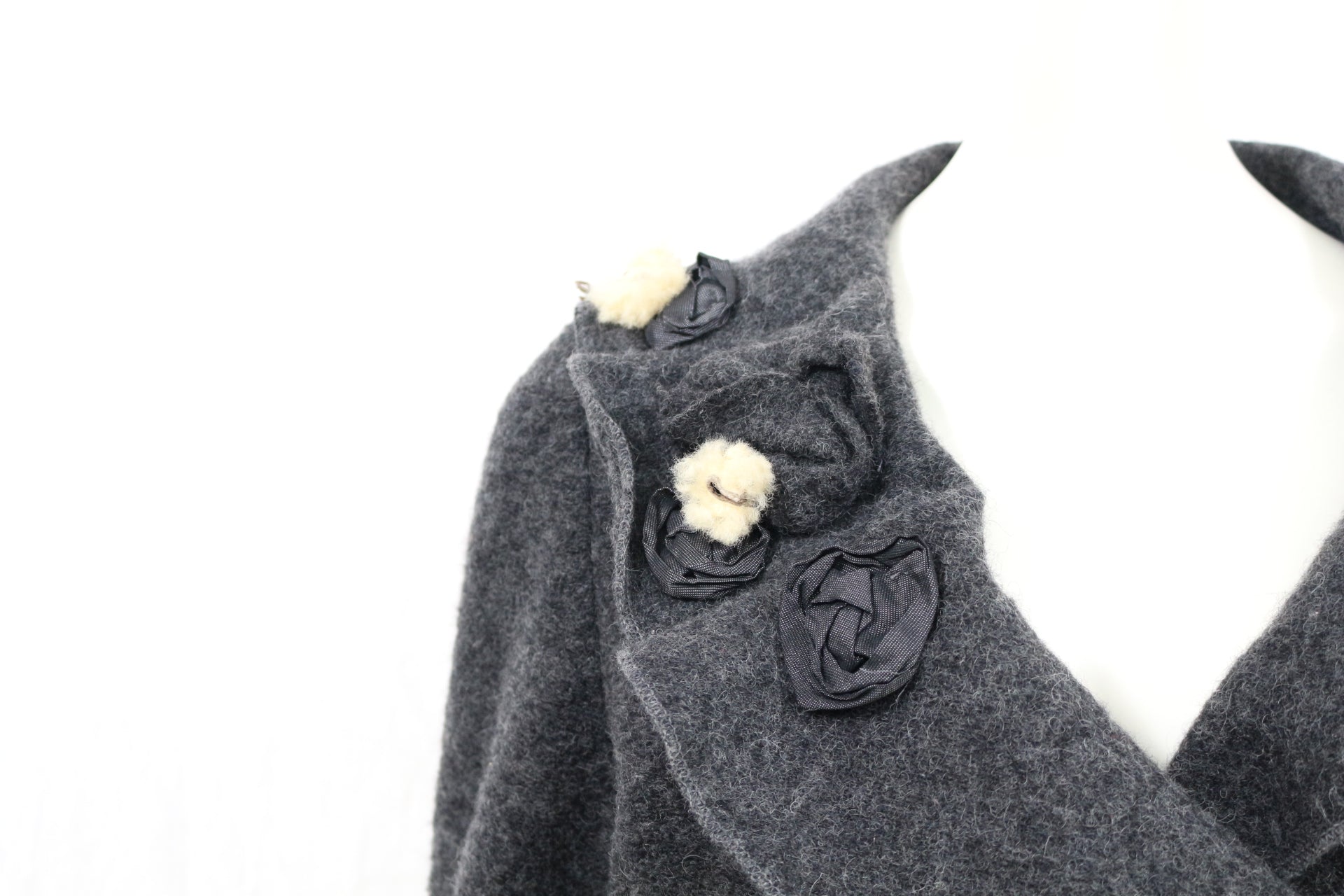 La Fée Maraboutée Manteau Laine Gris Anthracite Volants Fleur Made In Italy T42
