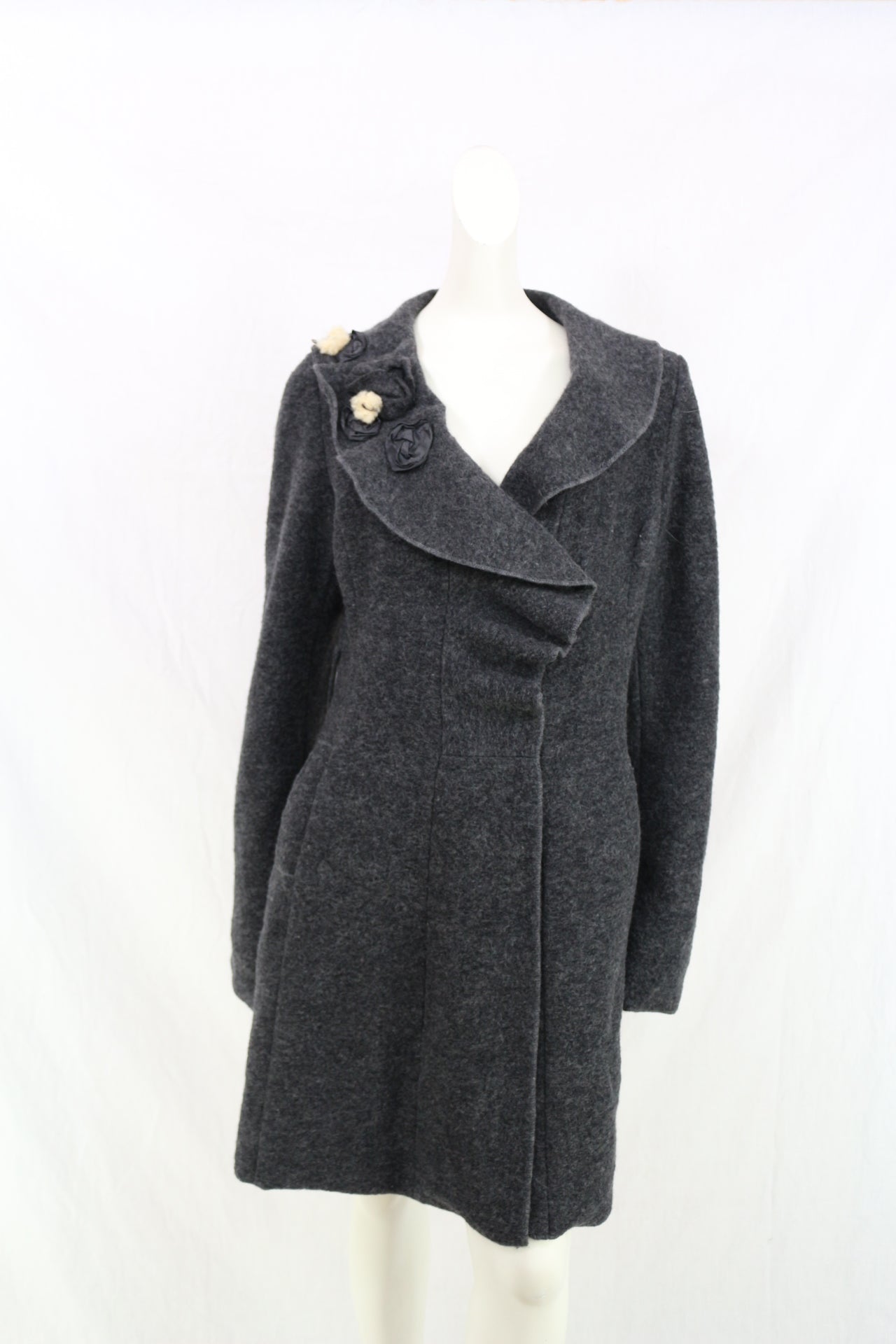 La Fée Maraboutée Manteau Laine Gris Anthracite Volants Fleur Made In Italy T42 3