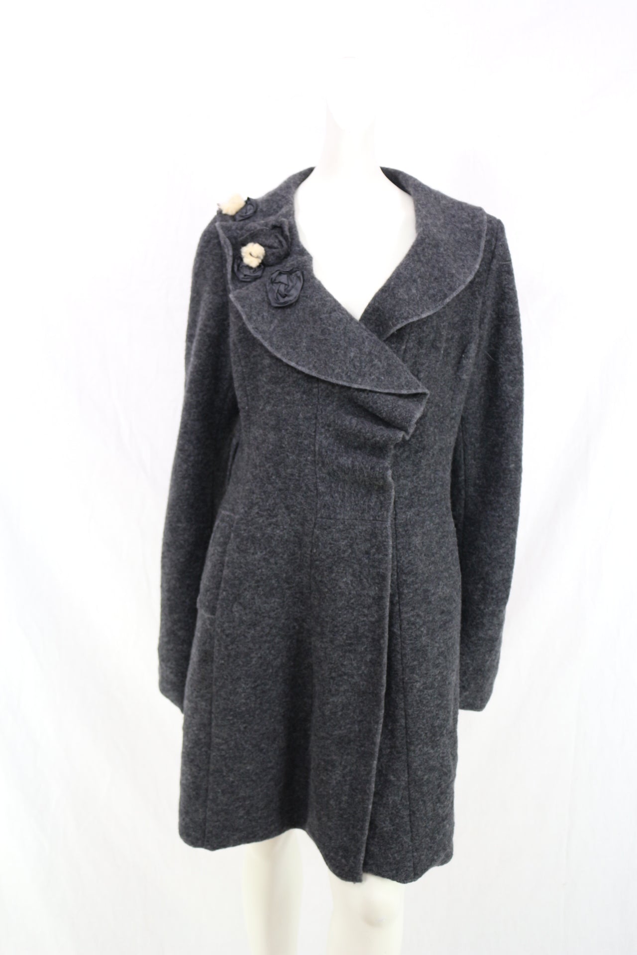 La Fée Maraboutée Manteau Laine Gris Anthracite Volants Fleur Made In Italy T42 4