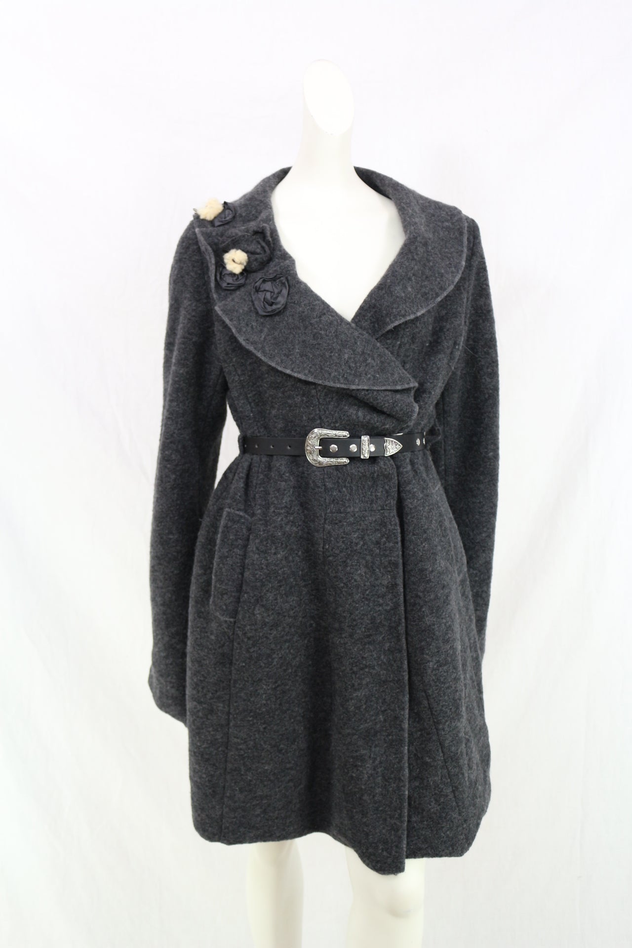 La Fée Maraboutée Manteau Laine Gris Anthracite Volants Fleur Made In Italy T42 5