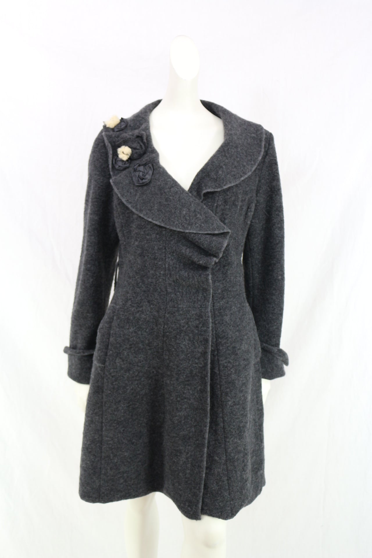 La Fée Maraboutée Manteau Laine Gris Anthracite Volants Fleur Made In Italy T42 6