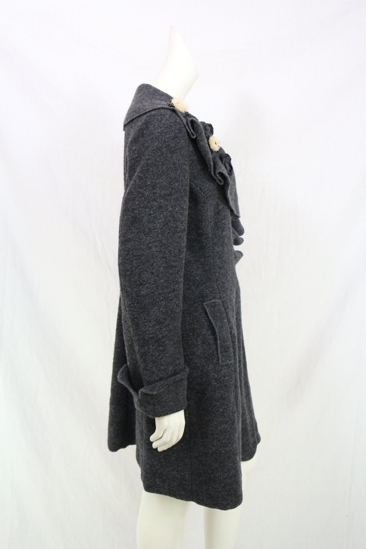 La Fée Maraboutée Manteau Laine Gris Anthracite Volants Fleur Made In Italy T42 7