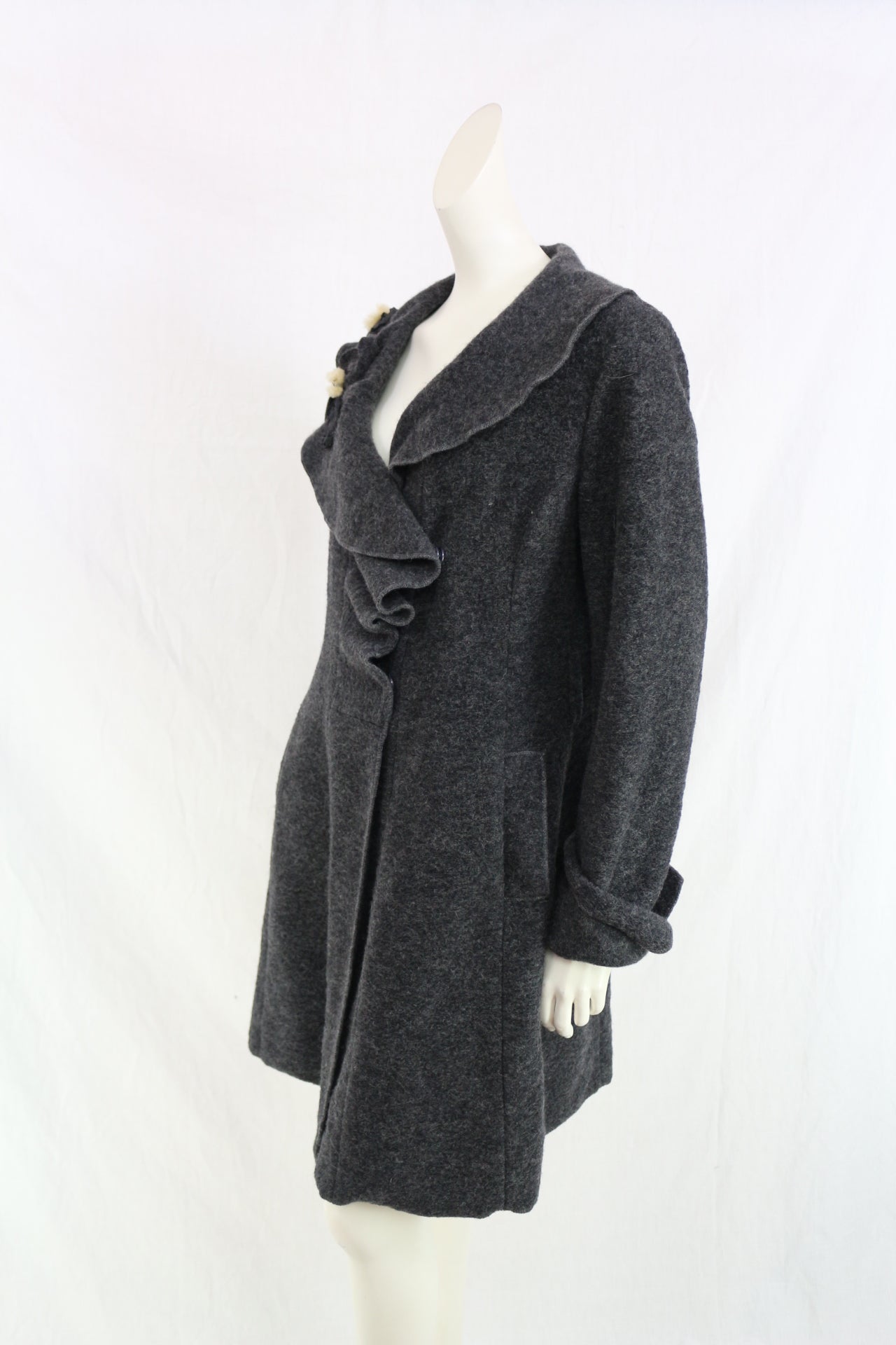 La Fée Maraboutée Manteau Laine Gris Anthracite Volants Fleur Made In Italy T42 9