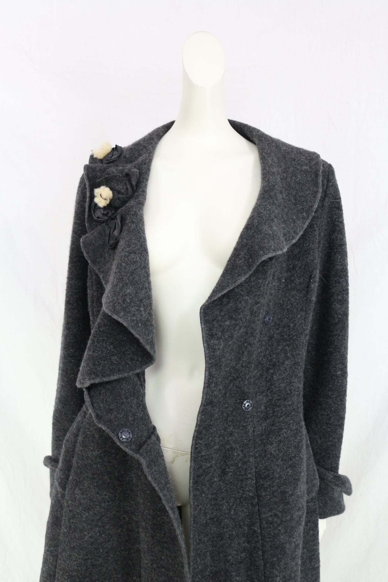 La Fée Maraboutée Manteau Laine Gris Anthracite Volants Fleur Made In Italy T42 10