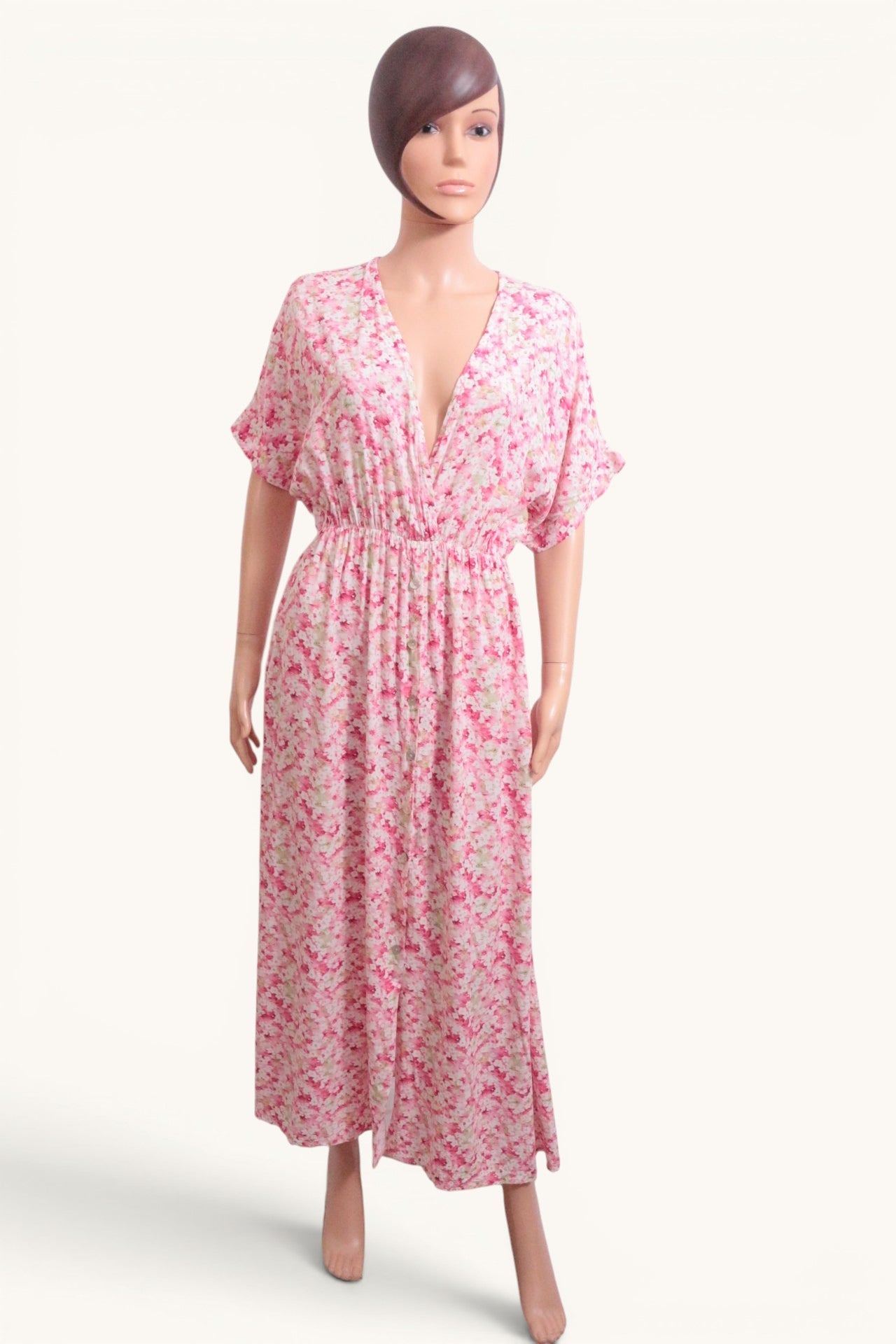 Robe Longue Bohème Fleurie Rose Made In Italy Garçonne 100% Viscose