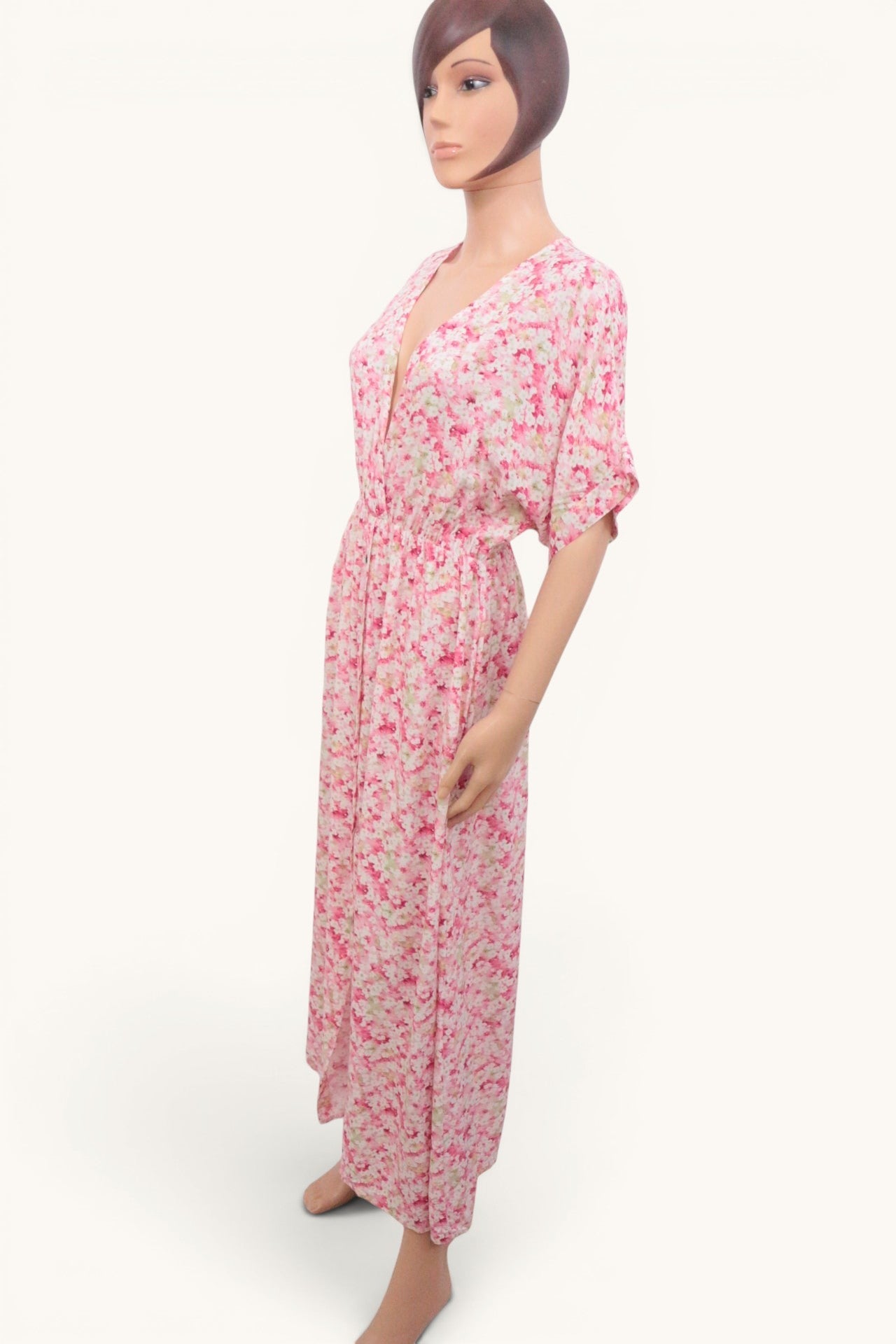 Robe Longue Bohème Fleurie Rose Made In Italy Garçonne 100% Viscose 9