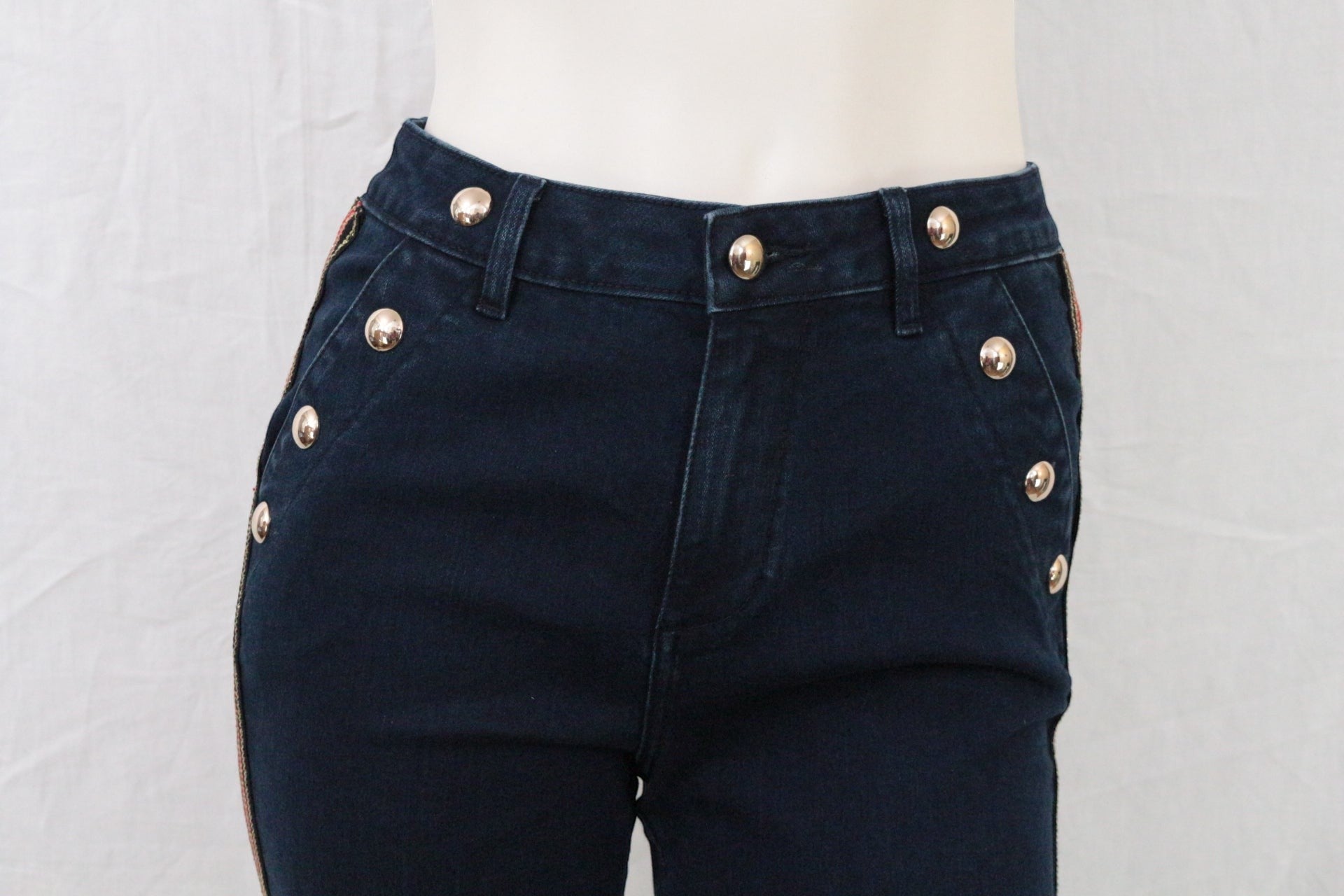 Jean Flare Femme Marine Galon Rouge Doré Boutons Officier Y2K Archive Fashion 3
