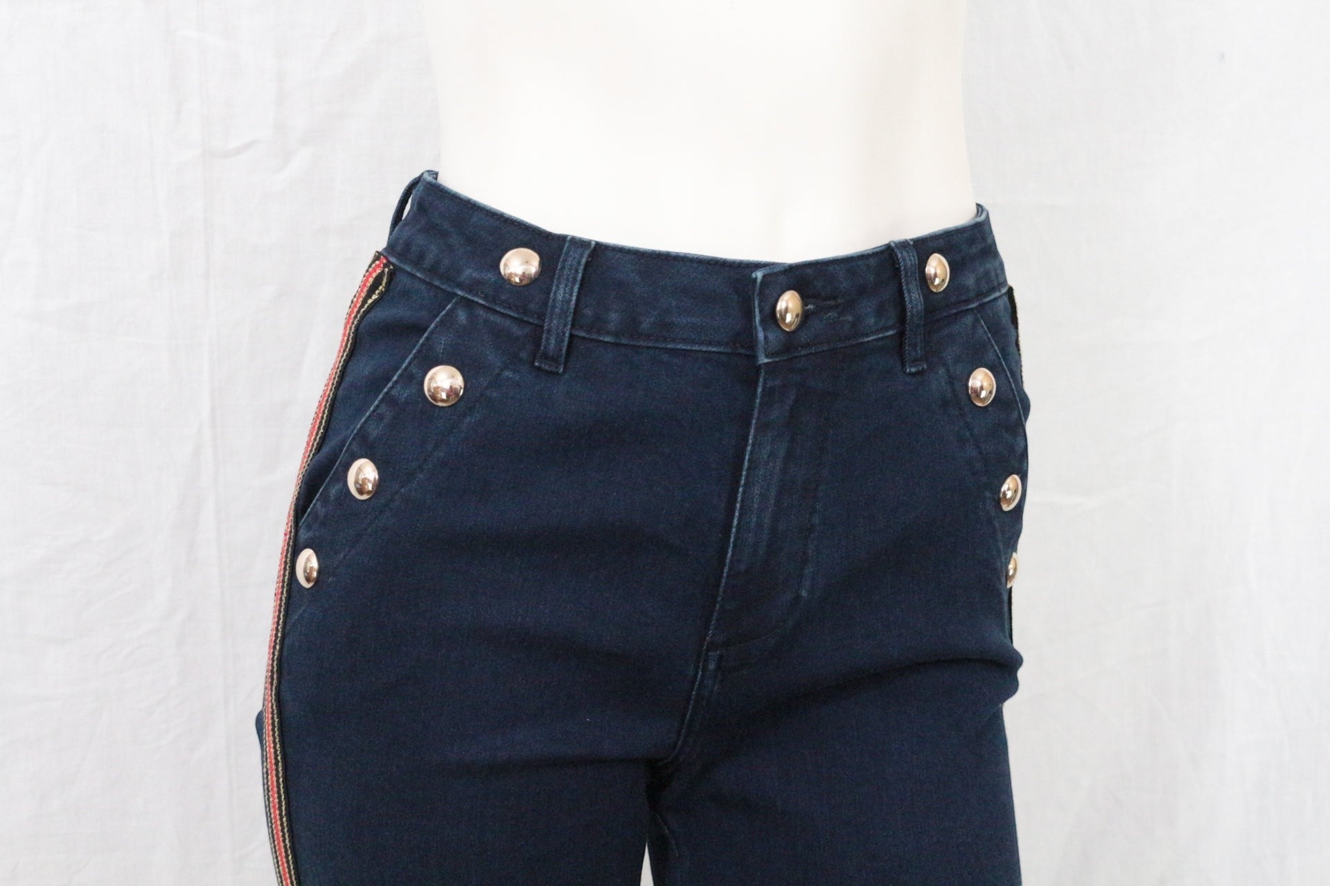 Jean Flare Femme Marine Galon Rouge Doré Boutons Officier Y2K Archive Fashion 4