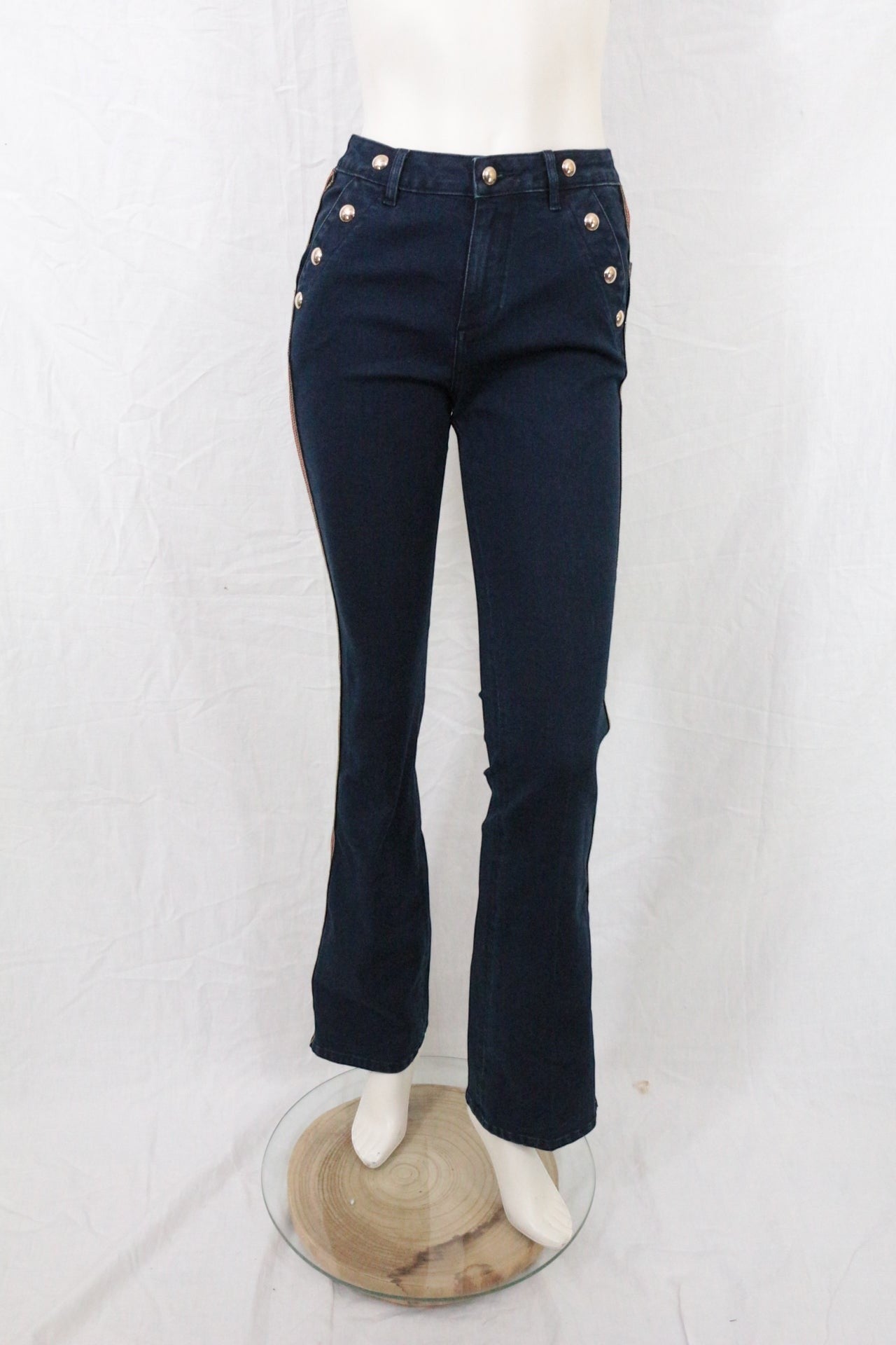 Jean Flare Femme Marine Galon Rouge Doré Boutons Officier Y2K Archive Fashion 5