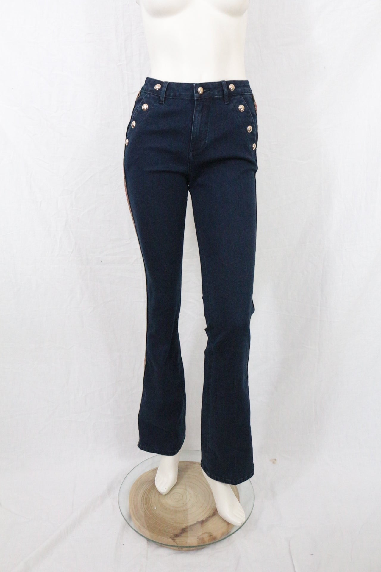 Jean Flare Femme Marine Galon Rouge Doré Boutons Officier Y2K Archive Fashion 6