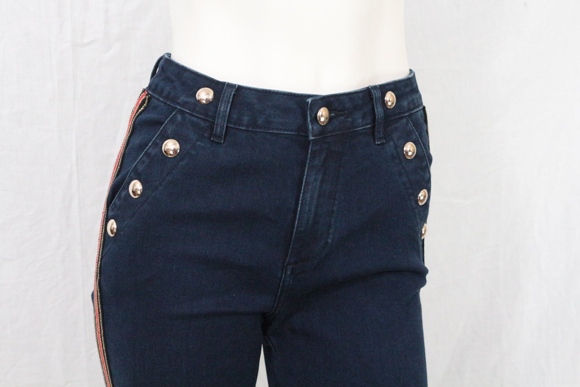 Jean Flare Femme Marine Galon Rouge Doré Boutons Officier Y2K Archive Fashion 7
