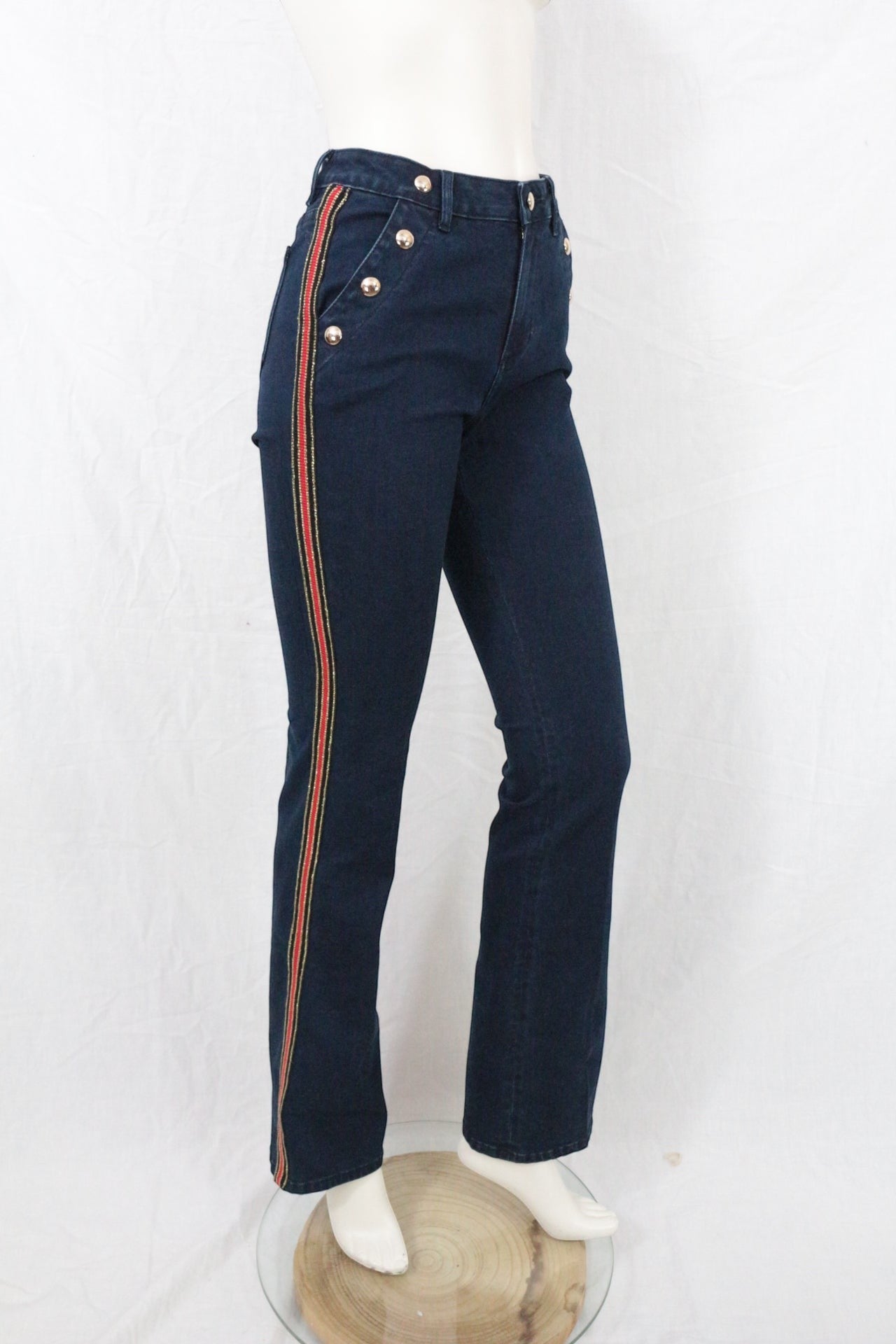Jean Flare Femme Marine Galon Rouge Doré Boutons Officier Y2K Archive Fashion 2