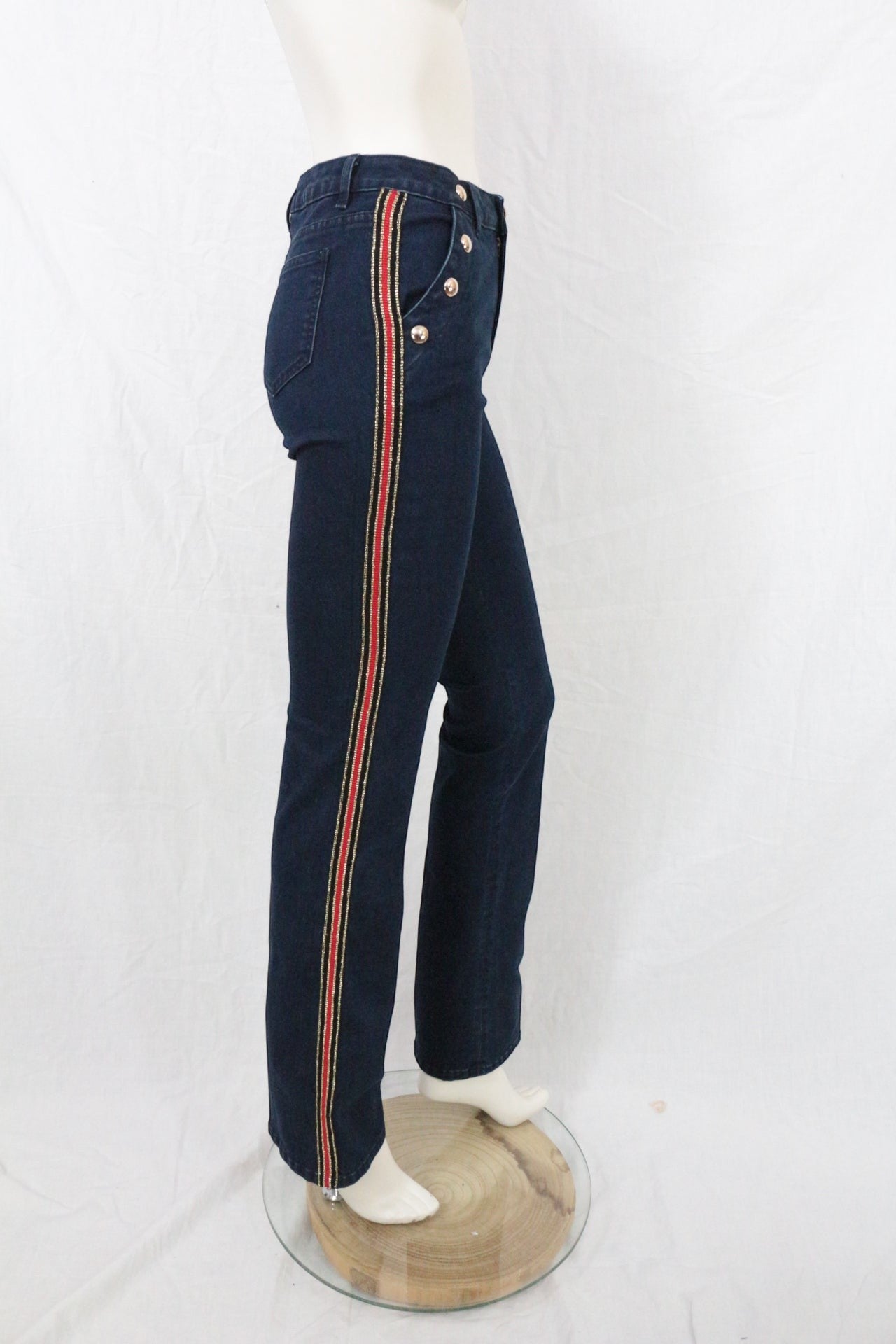 Jean Flare Femme Marine Galon Rouge Doré Boutons Officier Y2K Archive Fashion 8