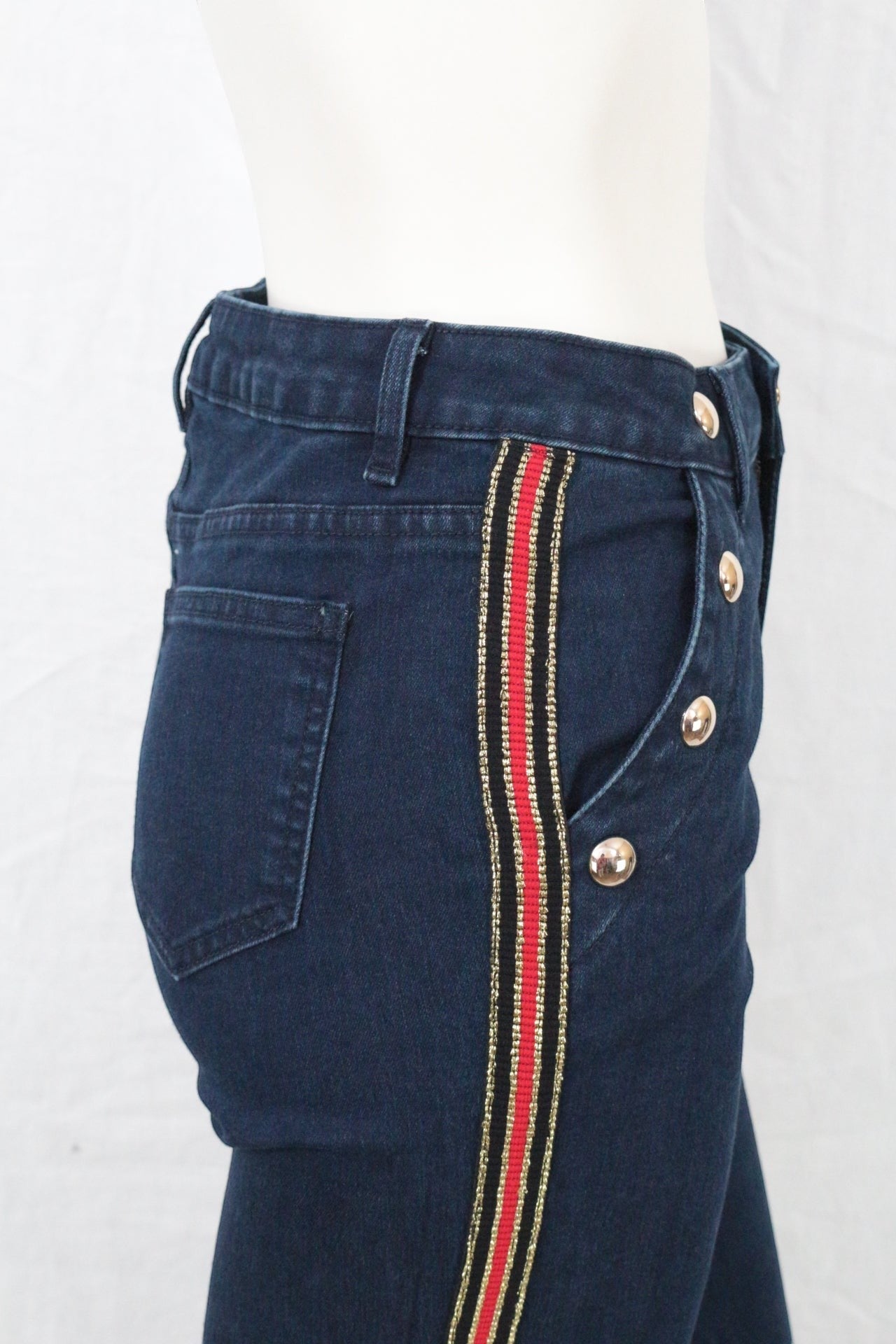 Jean Flare Femme Marine Galon Rouge Doré Boutons Officier Y2K Archive Fashion 9