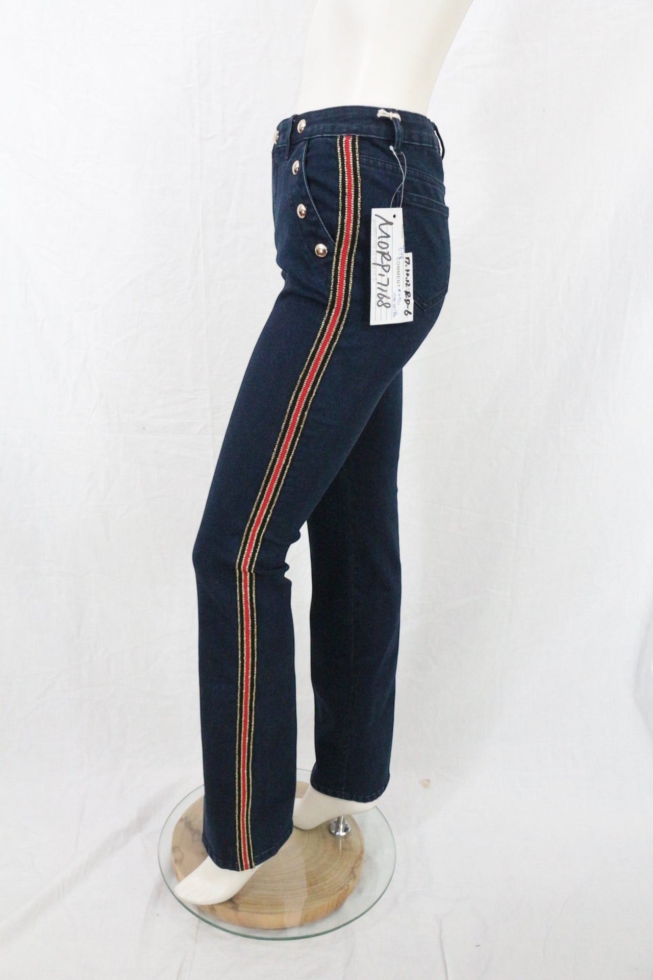 Jean Flare Femme Marine Galon Rouge Doré Boutons Officier Y2K Archive Fashion 11