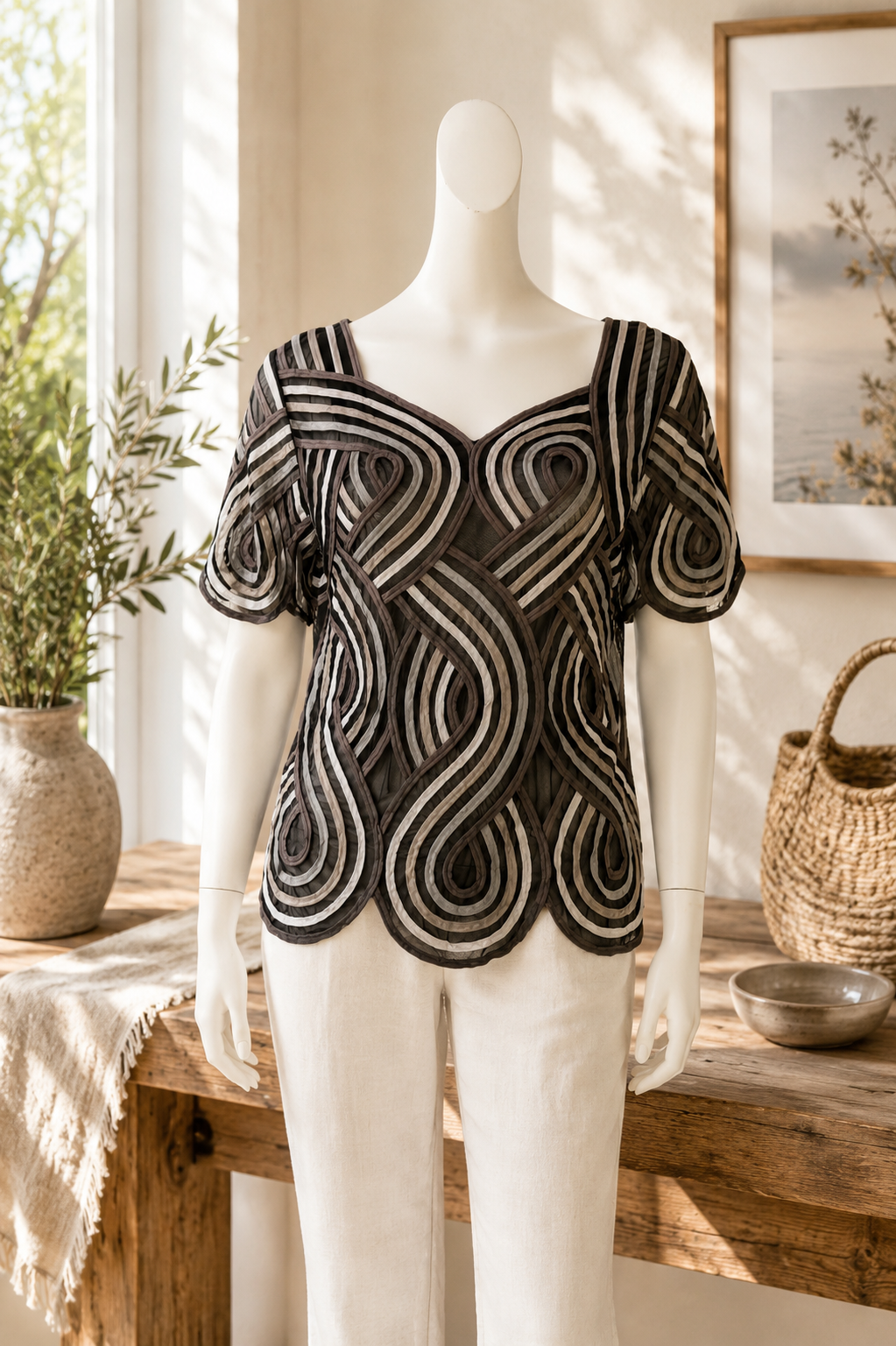 Top graphique noir gris effet rubans transparents femme
