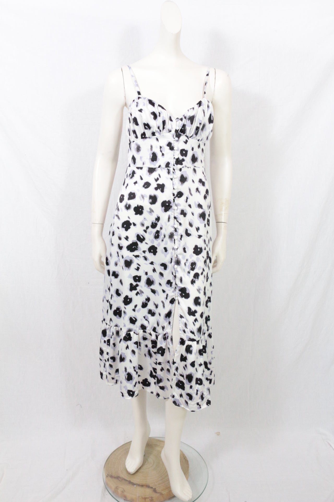 Robe midi Zara imprimé léopard abstrait satinée blanche noire T36 S 5