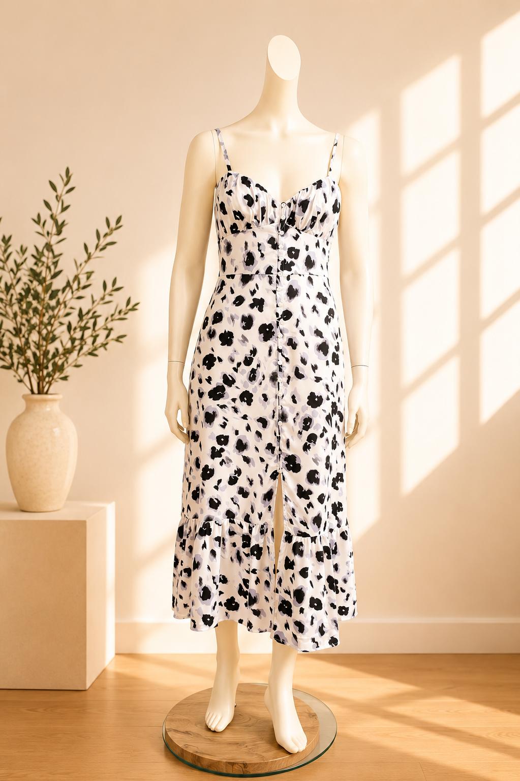 Robe midi Zara imprimé léopard abstrait satinée blanche noire T36 S