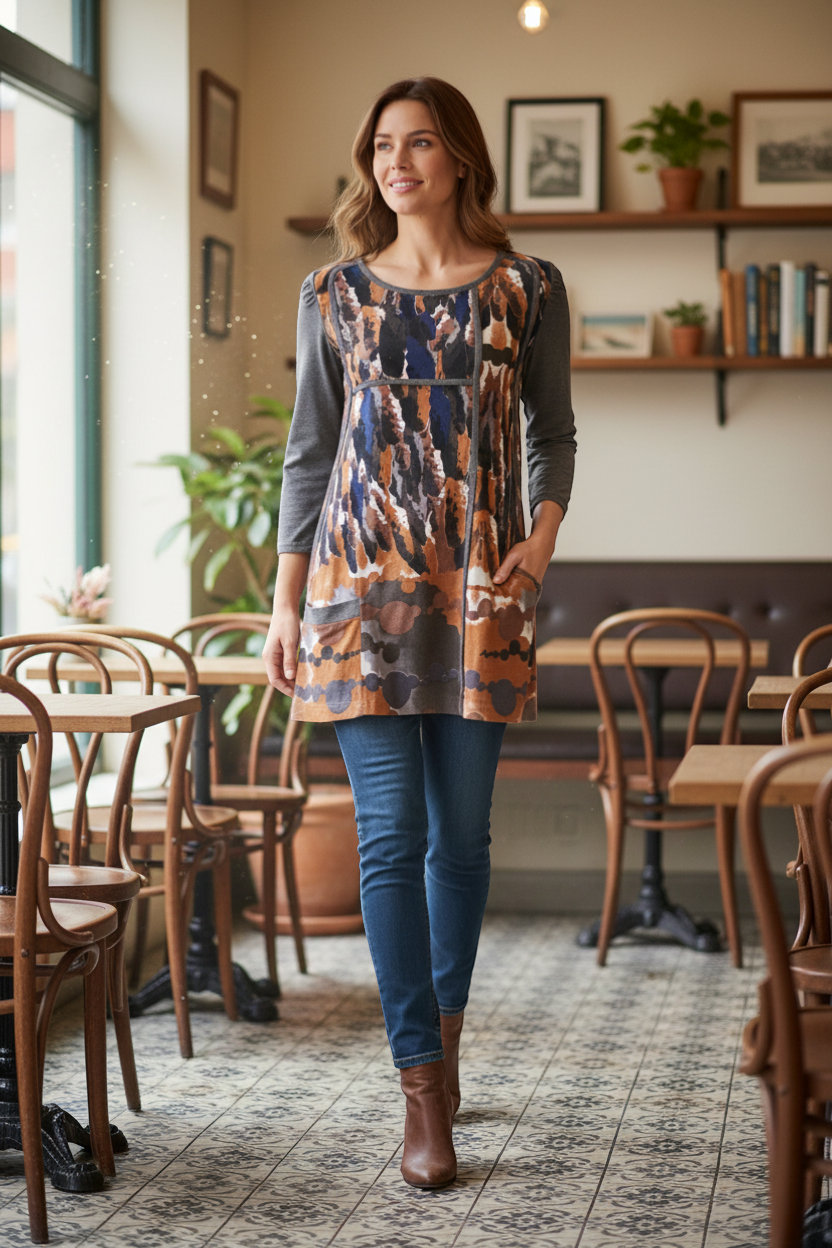 Frippindealz Adolfo Dominguez brown, grey, and blue abstract organic print cotton tunic with grey sleeves and pockets.