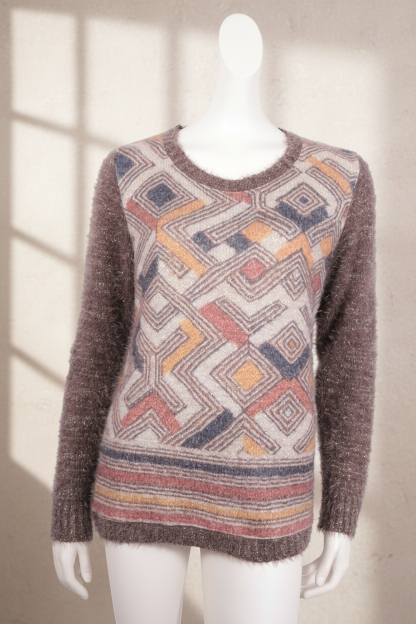Pull femme Frippindealz Alexe beige et marron à motif géométrique, col rond, en polyester, taille L