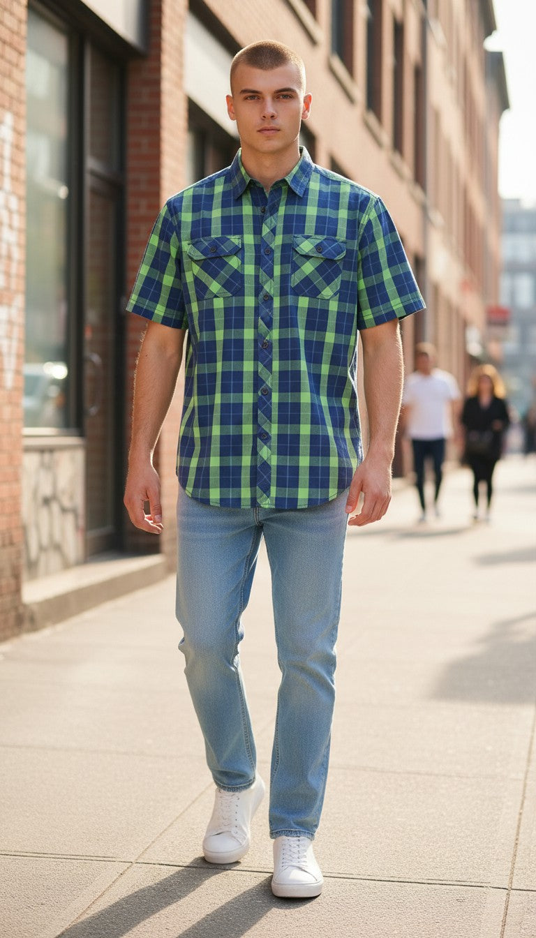 Homme portant une chemise à carreaux Frippindealz Angelo Litrico bleue et verte en coton avec poches poitrine