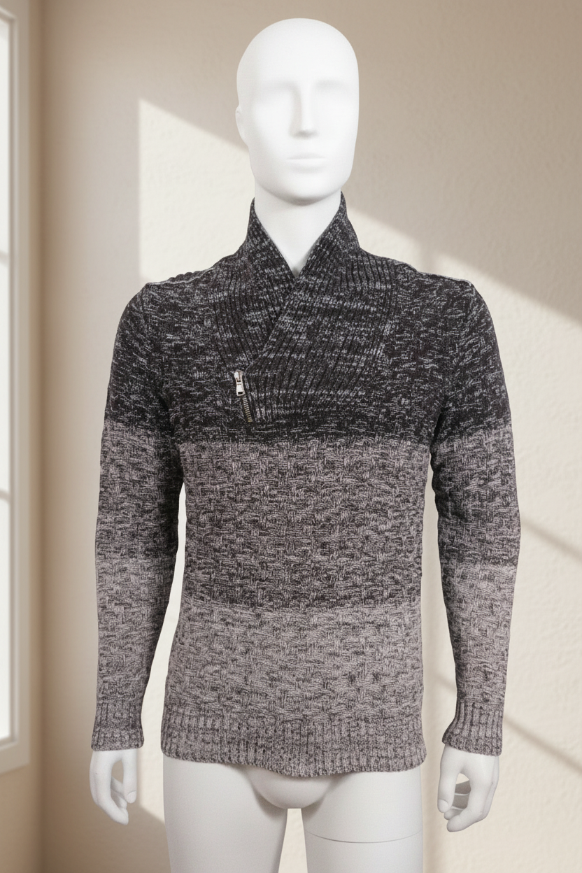 Pull Frippindealz Armand Thierry en coton noir et blanc avec col châle zippé et motif texturé sur mannequin