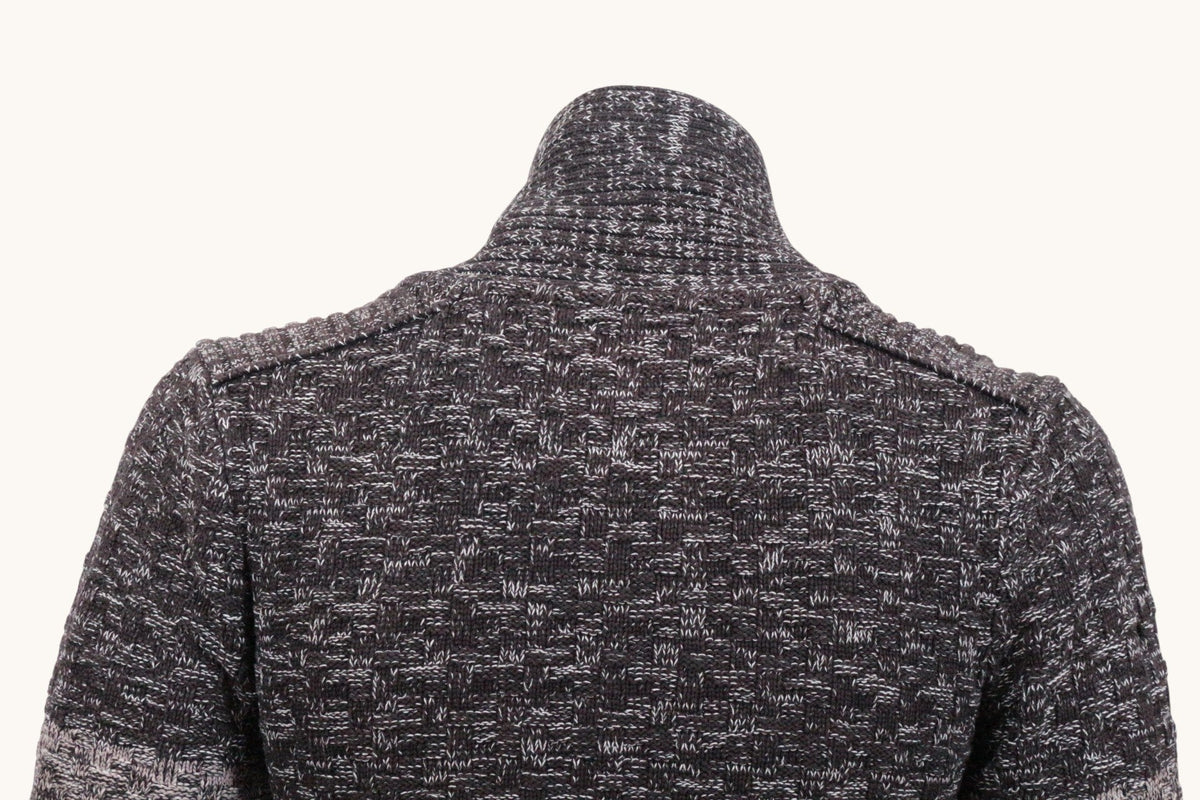 Pull Frippindealz Armand Thierry en coton noir et blanc avec motif texturé et col montant, vue de dos.