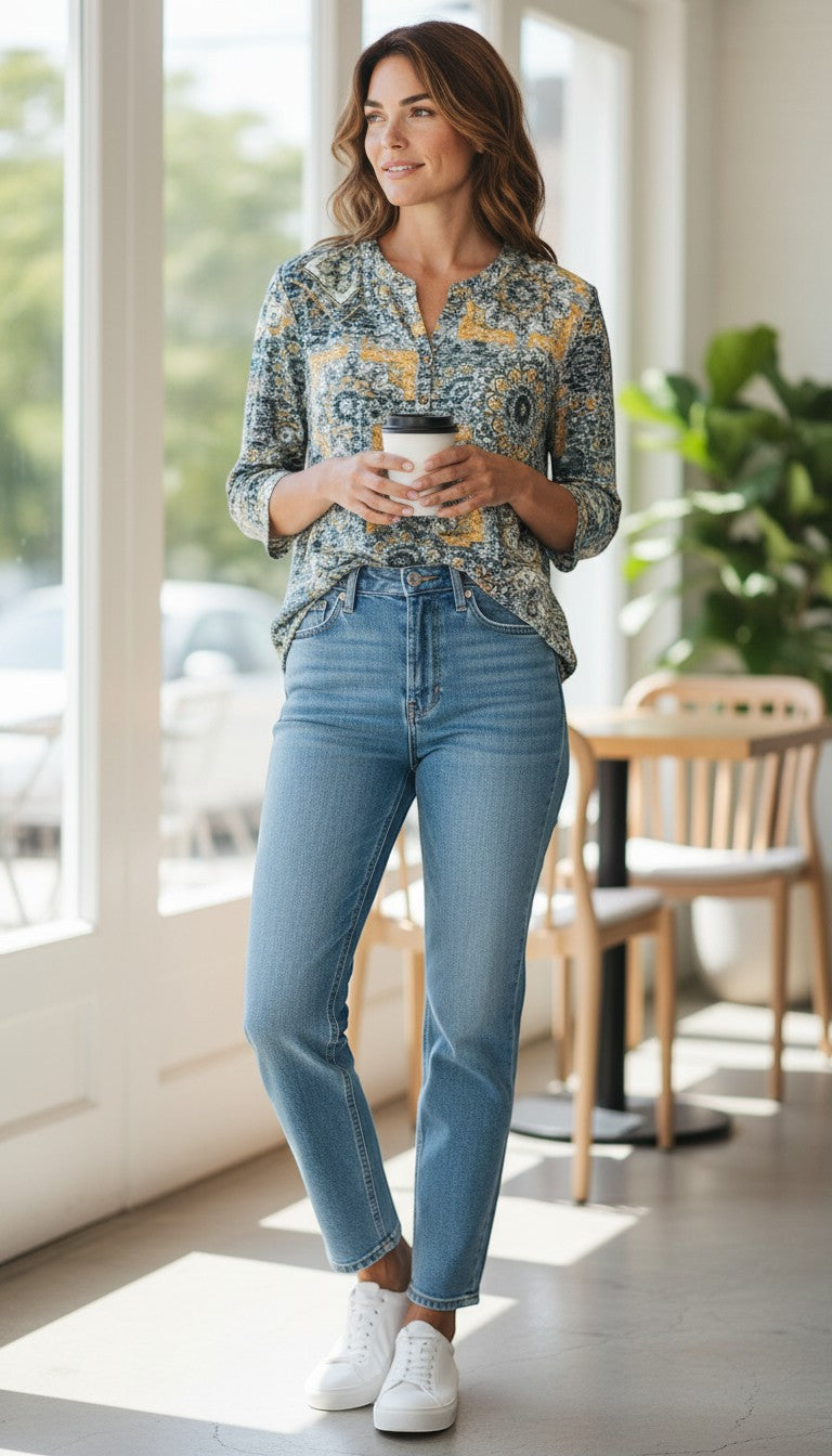 Frippindealz Armand Thierry vintage-style blouse in polyester-cotton blend with yellow, grey, and black intricate pattern. 3/4 sleeves, V-neck with buttons.