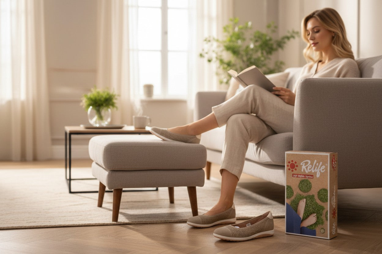 Femme assise sur un canapé portant des ballerines Frippindealz Relife marron confortables avec empiècements perforés.