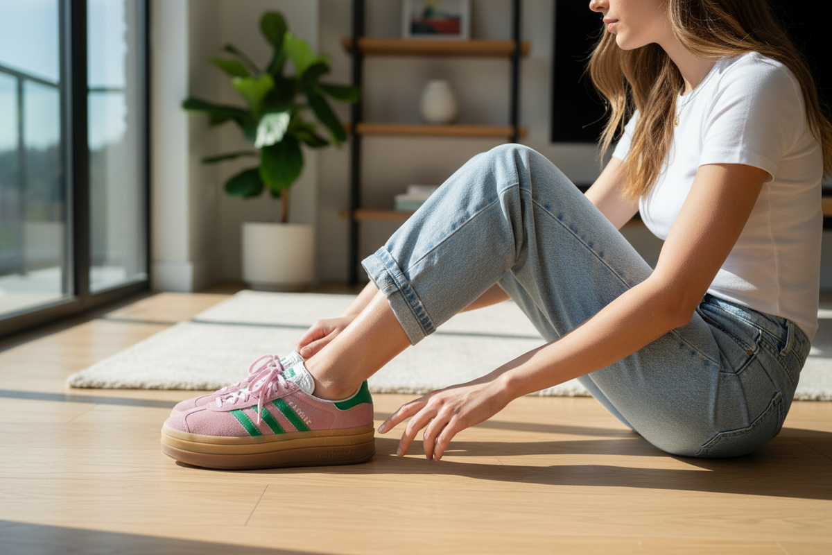 Frippindealz baskets Adidas Gazelle en daim rose et vert avec semelle plateforme portées par une femme