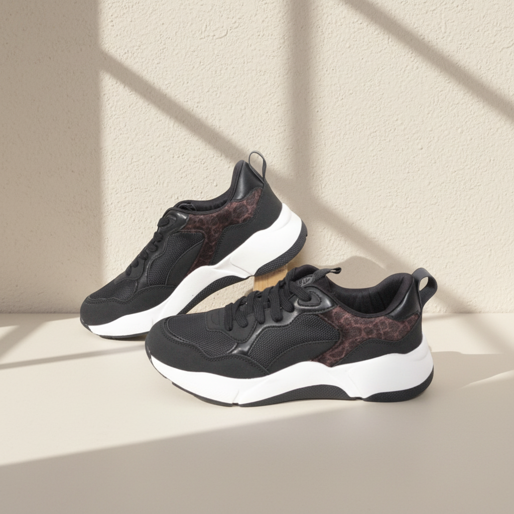 Baskets Bullboxer Frippindealz noires en cuir synthétique avec plateforme de 4 cm et détails imprimé léopard