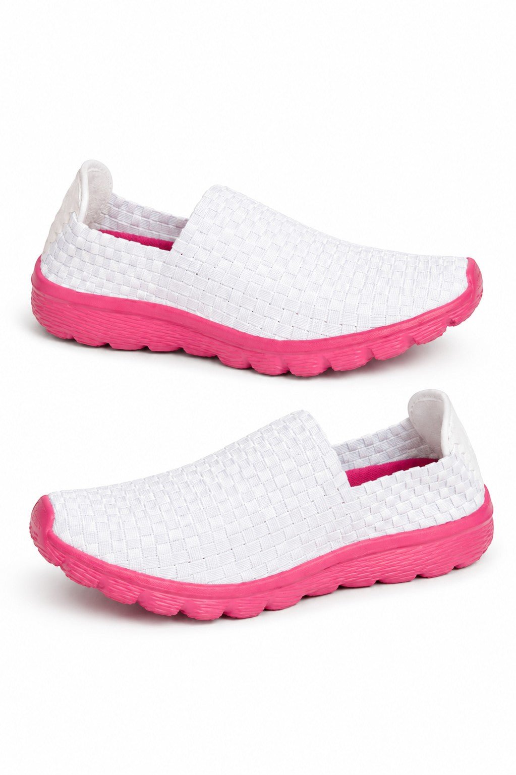 Baskets femme Frippindealz Rock Spring en textile tressé blanc avec semelle rose vif légère et souple
