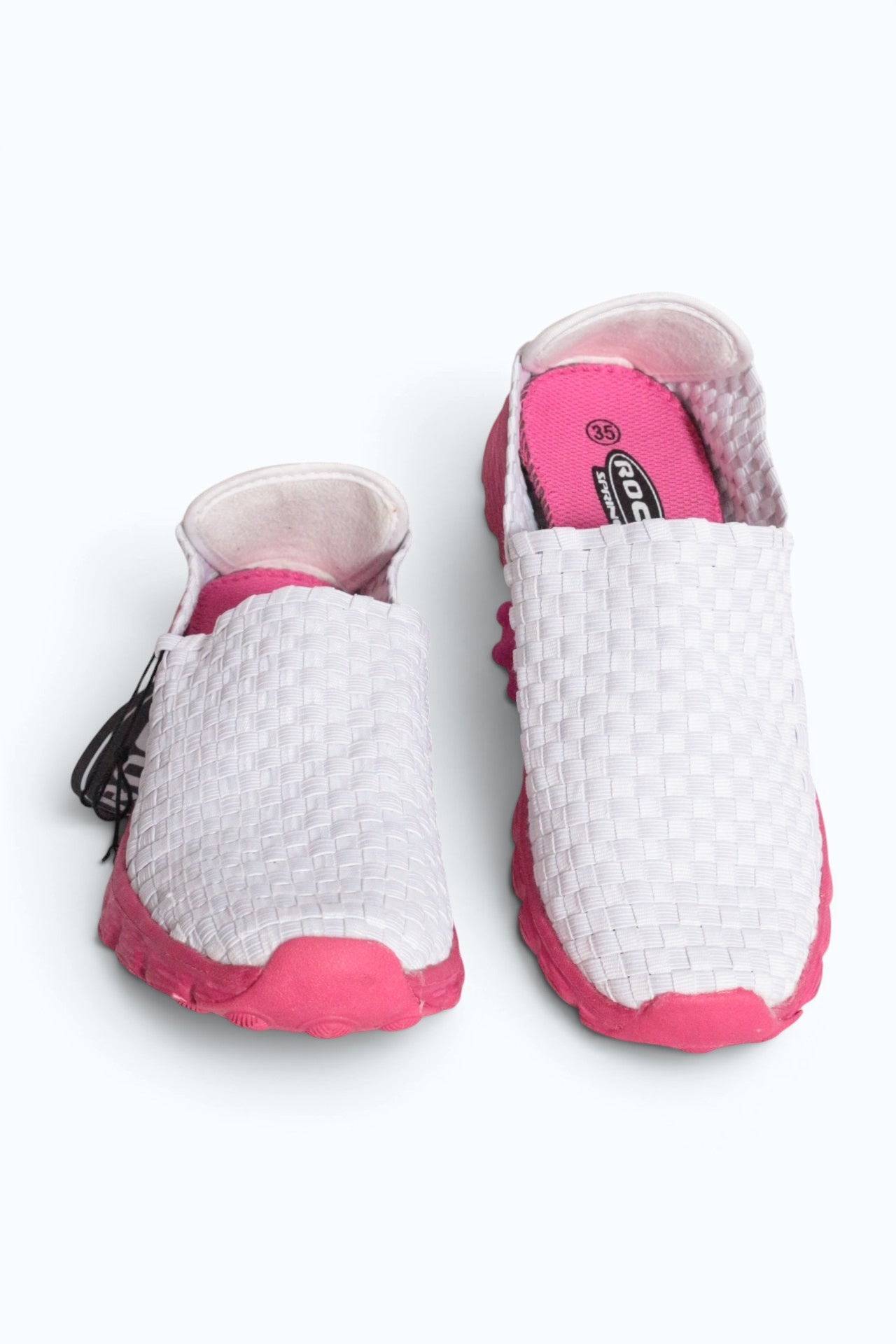 Baskets Frippindealz Rock Spring pour femme en textile tressé blanc avec semelle rose vif souple et légère