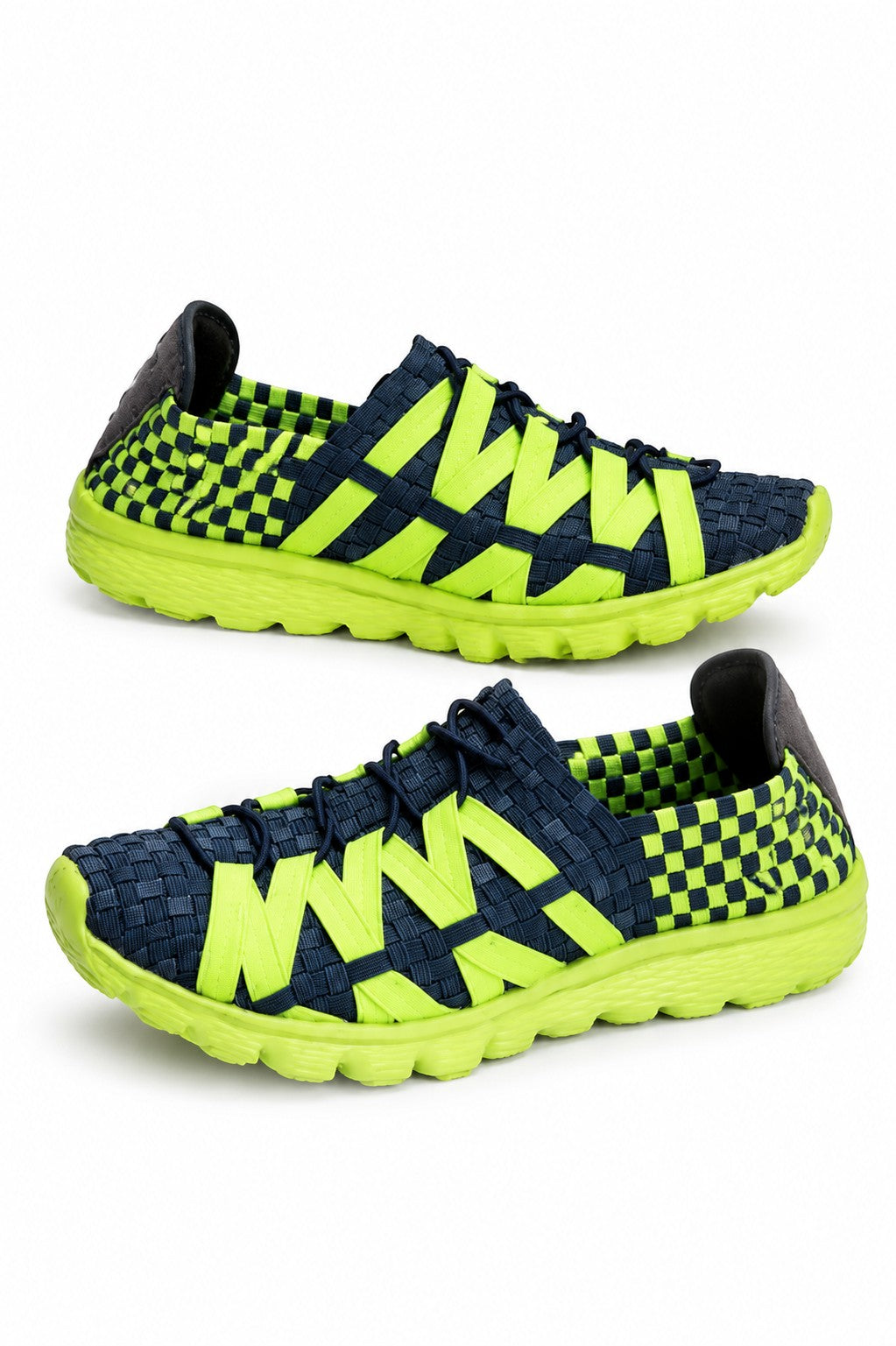 Baskets femme Frippindealz Rock Spring en textile tressé bleu et vert fluo avec semelle légère et souple