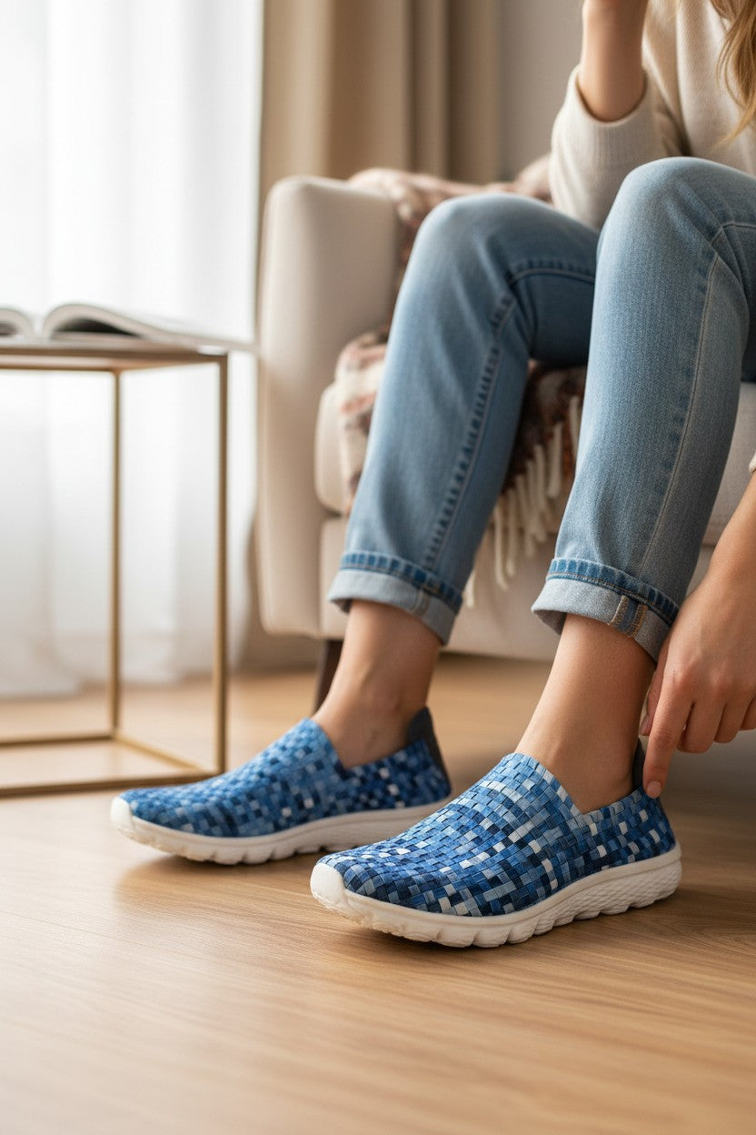 Baskets femme Frippindealz Rock Spring en textile tressé bleu multicolore avec semelle blanche souple et légère