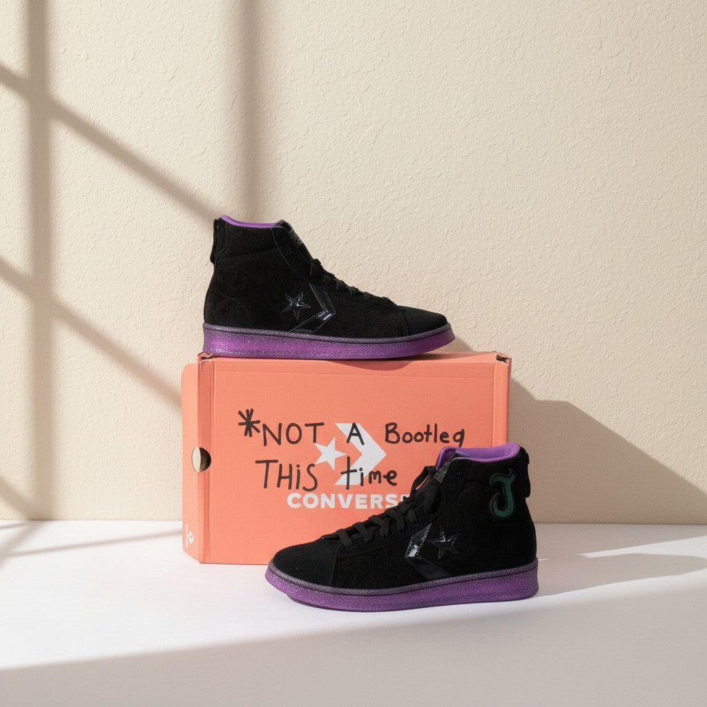 Baskets montantes Frippindealz Converse en cuir noir avec semelle pailletée violette et détails contrastants