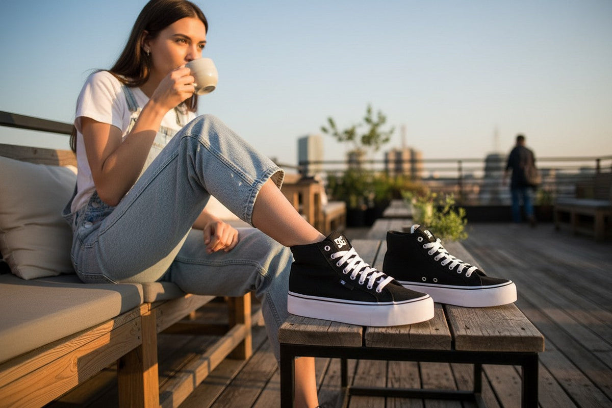 Baskets montantes Frippindealz DC Shoes en toile noire avec semelle plateforme blanche portées sur une terrasse