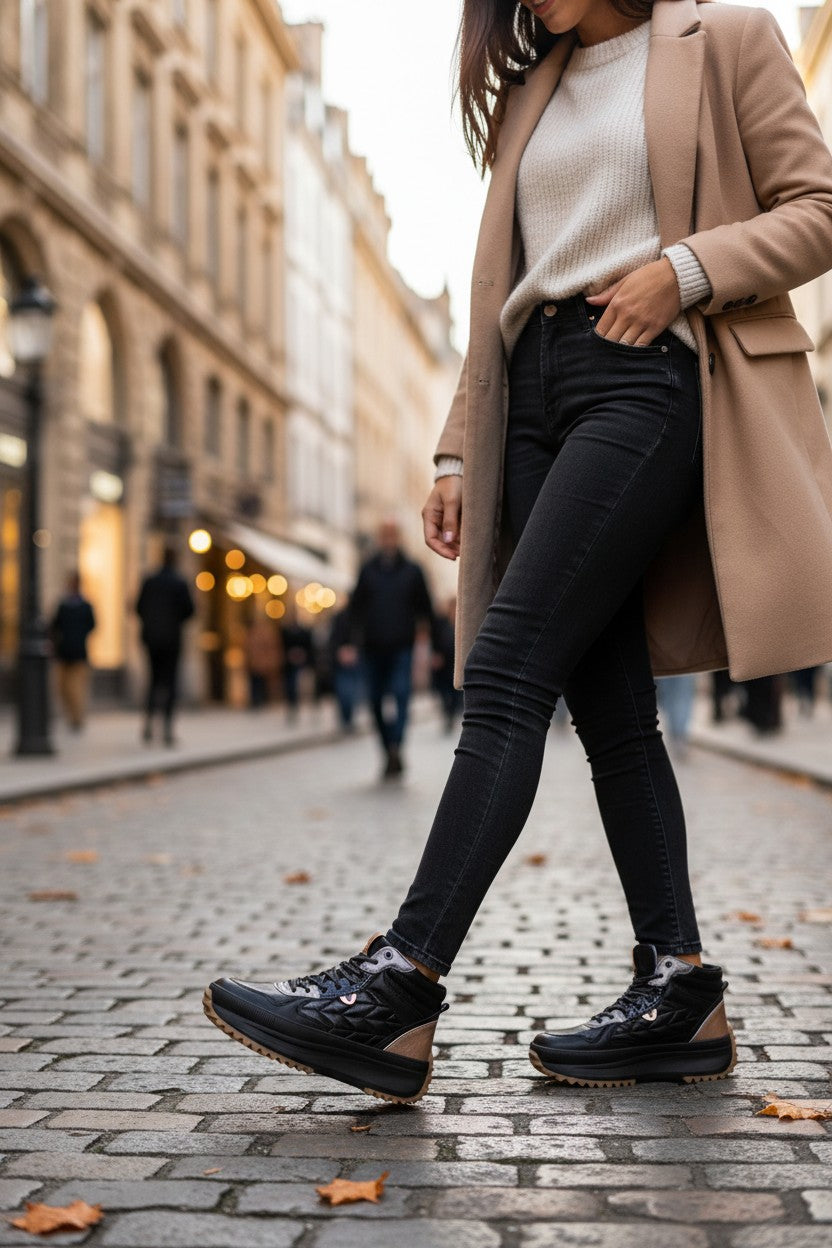 Femme portant des baskets montantes Frippindealz Yumas noires matelassées avec semelle plateforme dans une rue urbaine