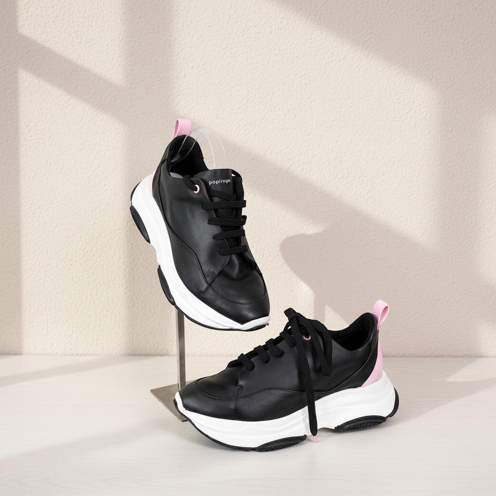 Baskets plateforme Frippindealz Papiroga noires avec semelle oversize blanche et détails rose poudré au talon