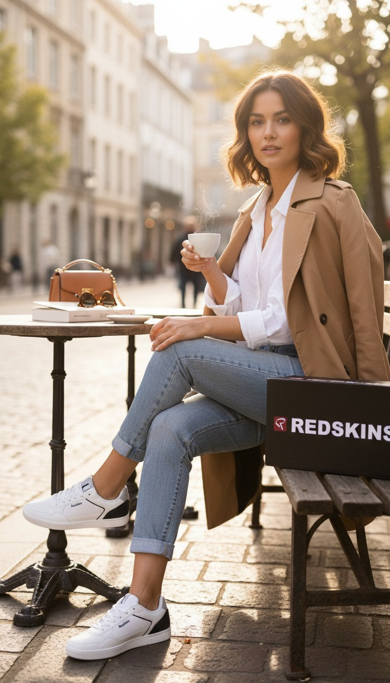 Femme portant des baskets Redskins blanches et marine en cuir synthétique, assise à une terrasse de café