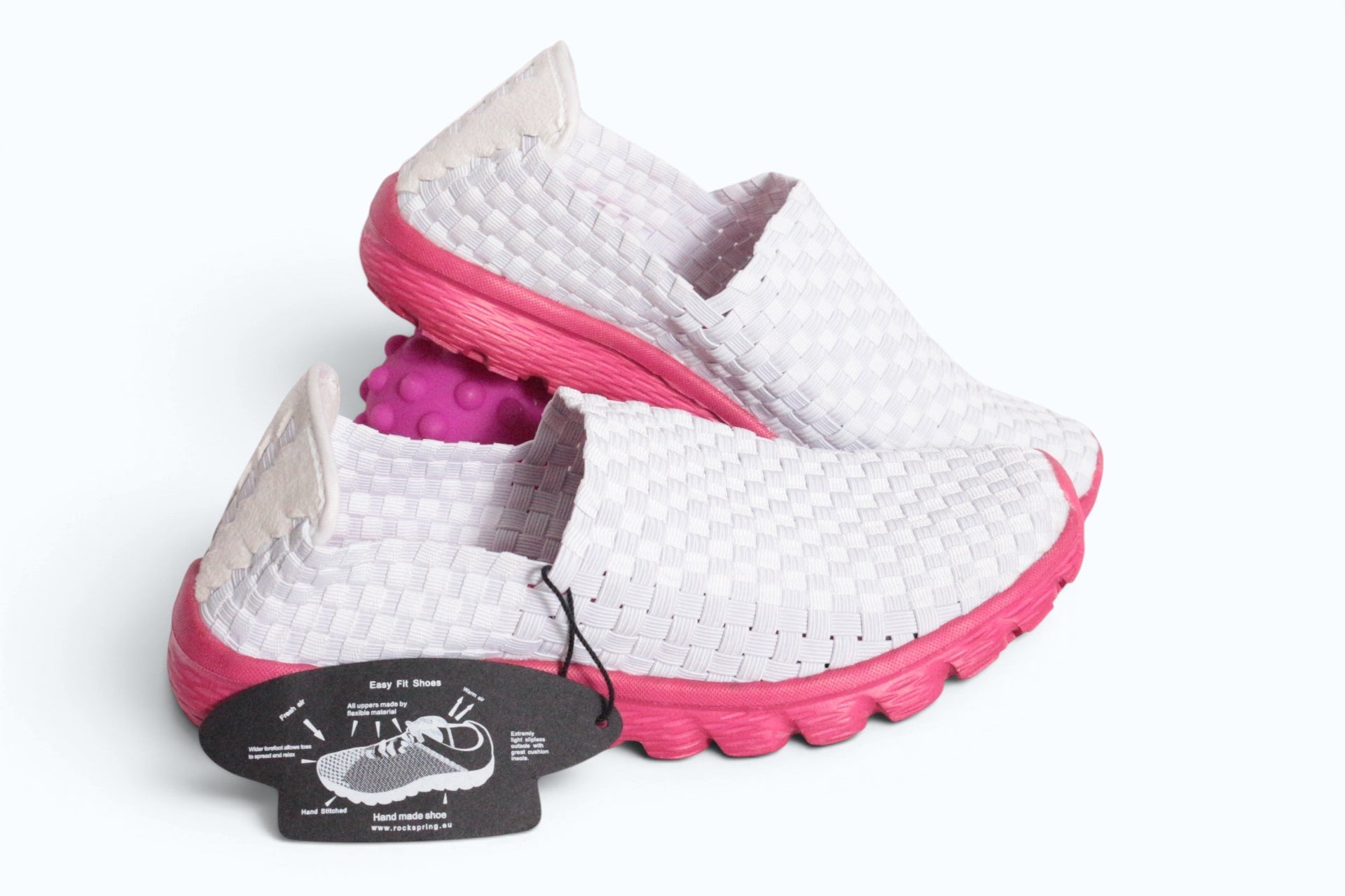 Baskets Frippindealz Rock Spring pour femme en textile tressé blanc avec semelle rose vif souple et légère